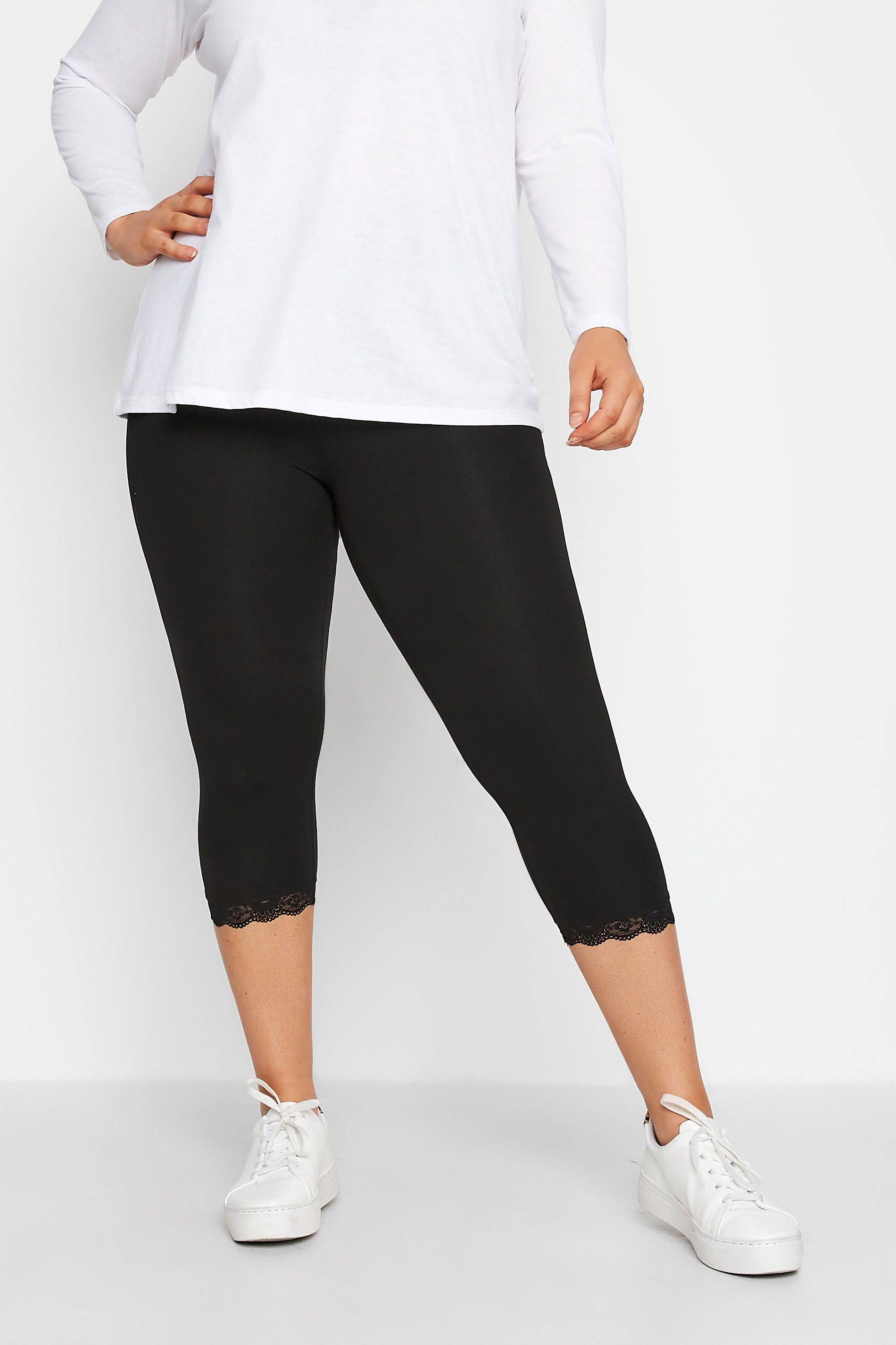 Plus Size Black Cotton Essential Lace Trim Crop Leggings | Yours Clothing 1
