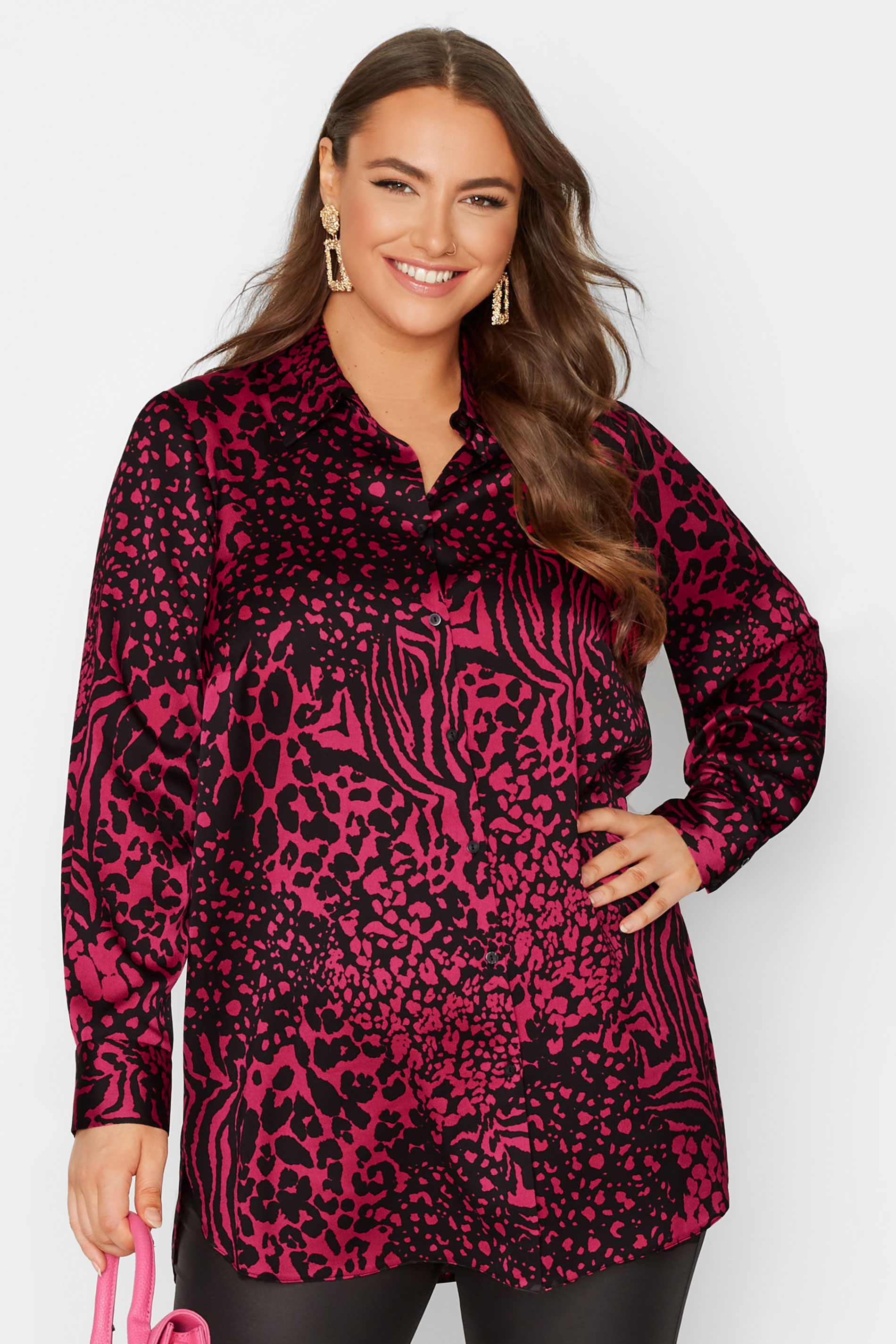 YOURS LONDON Plus Size Pink Mixed Animal Print Satin Shirt | Yours Clothing 2