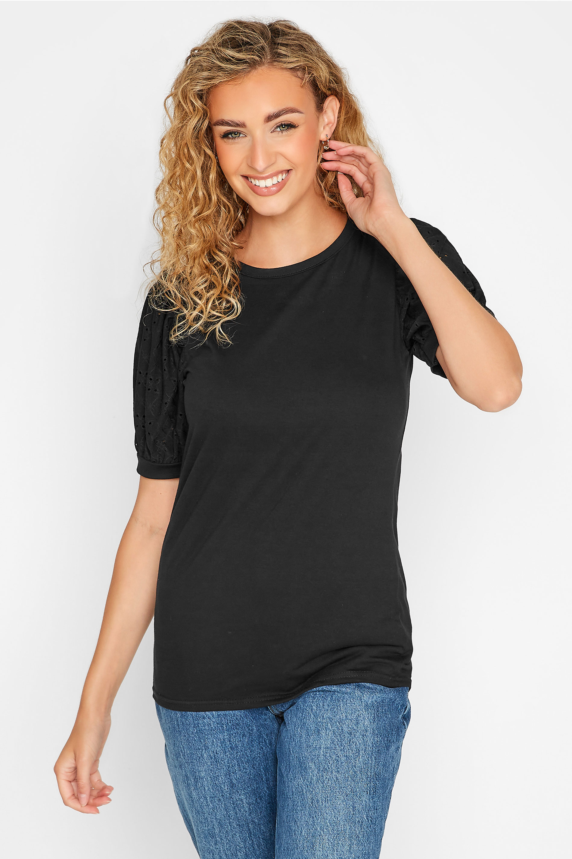 LTS Tall Black Broderie Anglaise Puff Sleeve Top 1