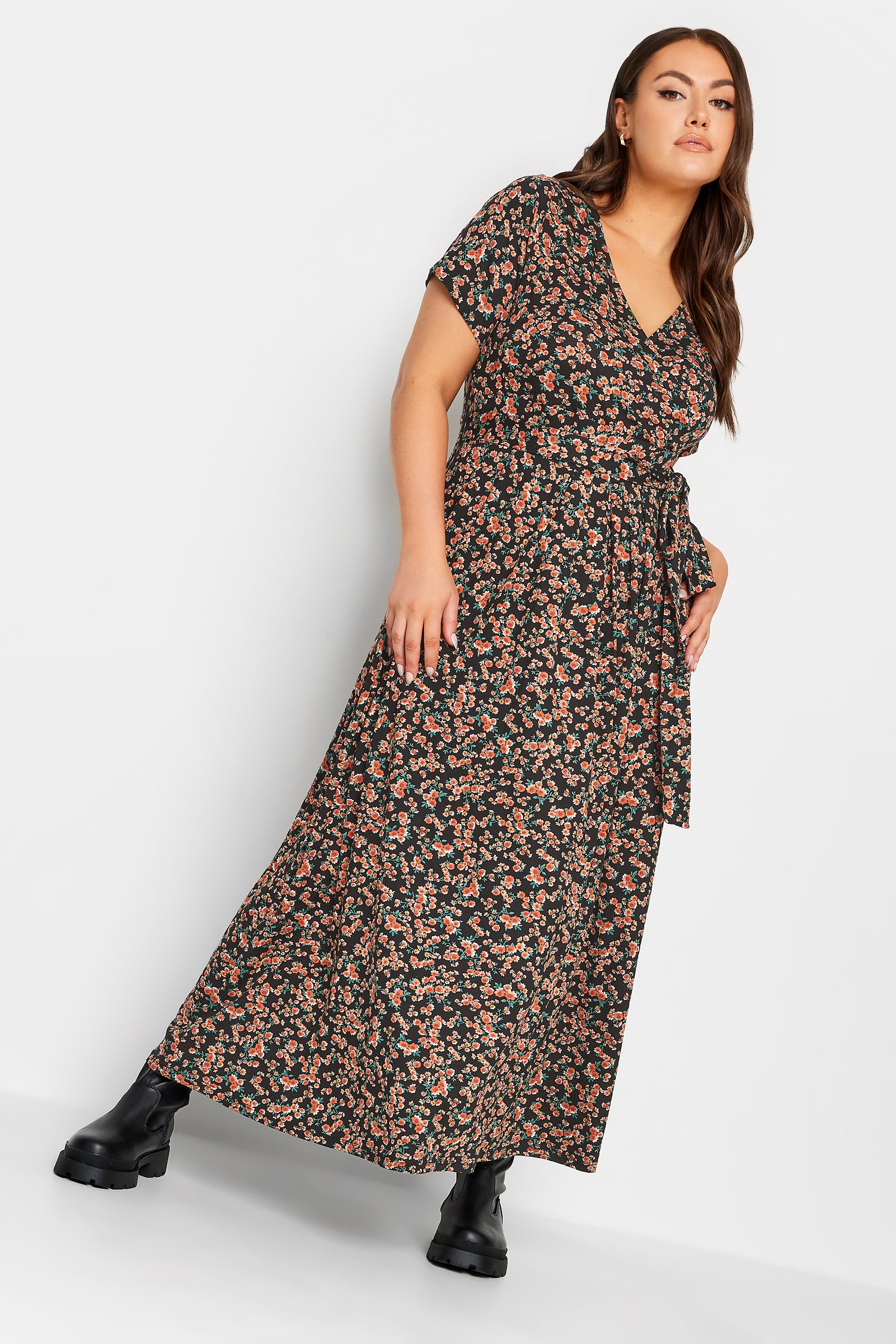 YOURS Plus Size Black Ditsy Floral Print Wrap Maxi Dress | Yours Clothing 2