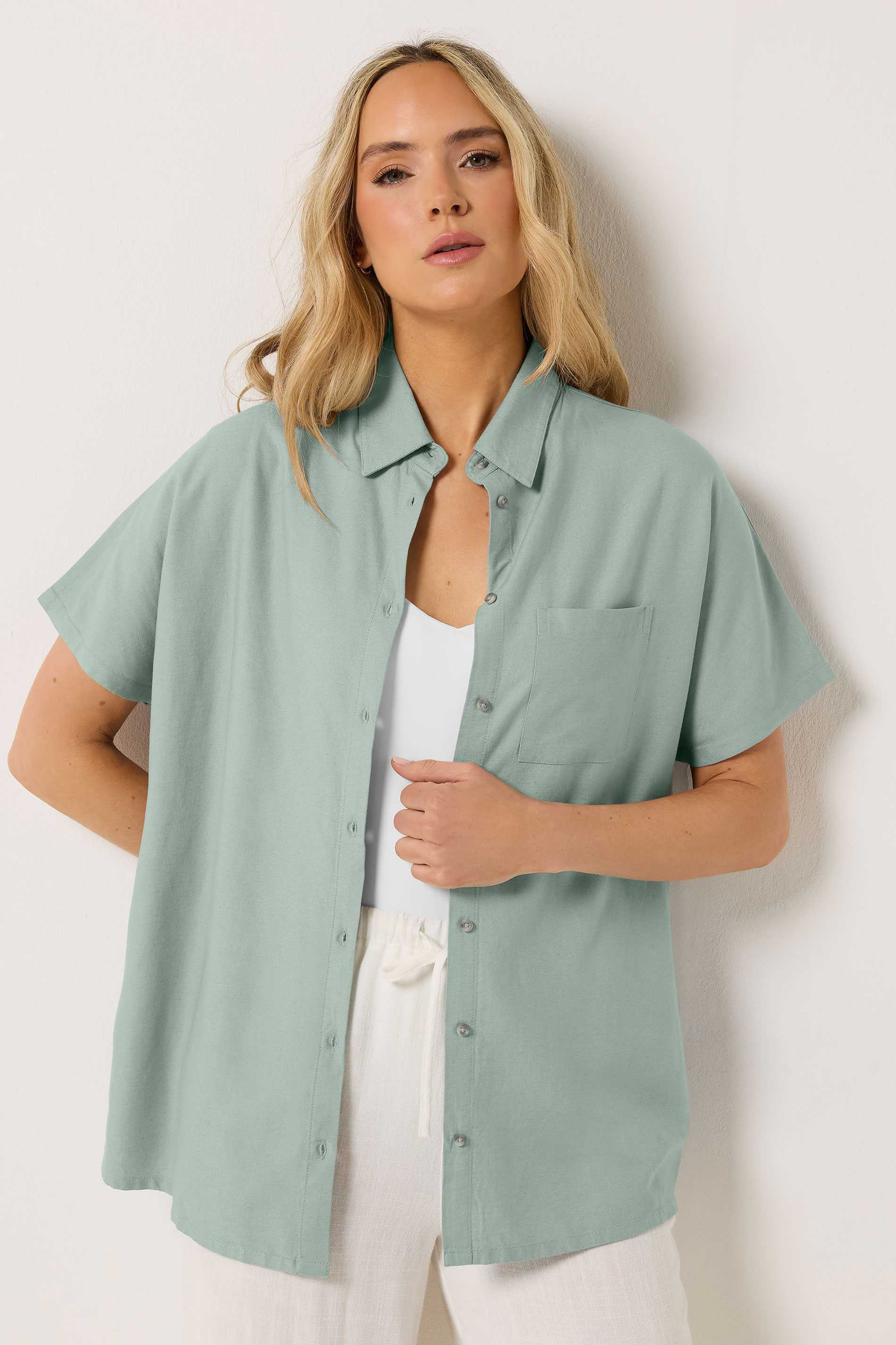 LTS Tall Women's Pale Blue Short Sleeve Linen Shirt | Long Tall Sally 1