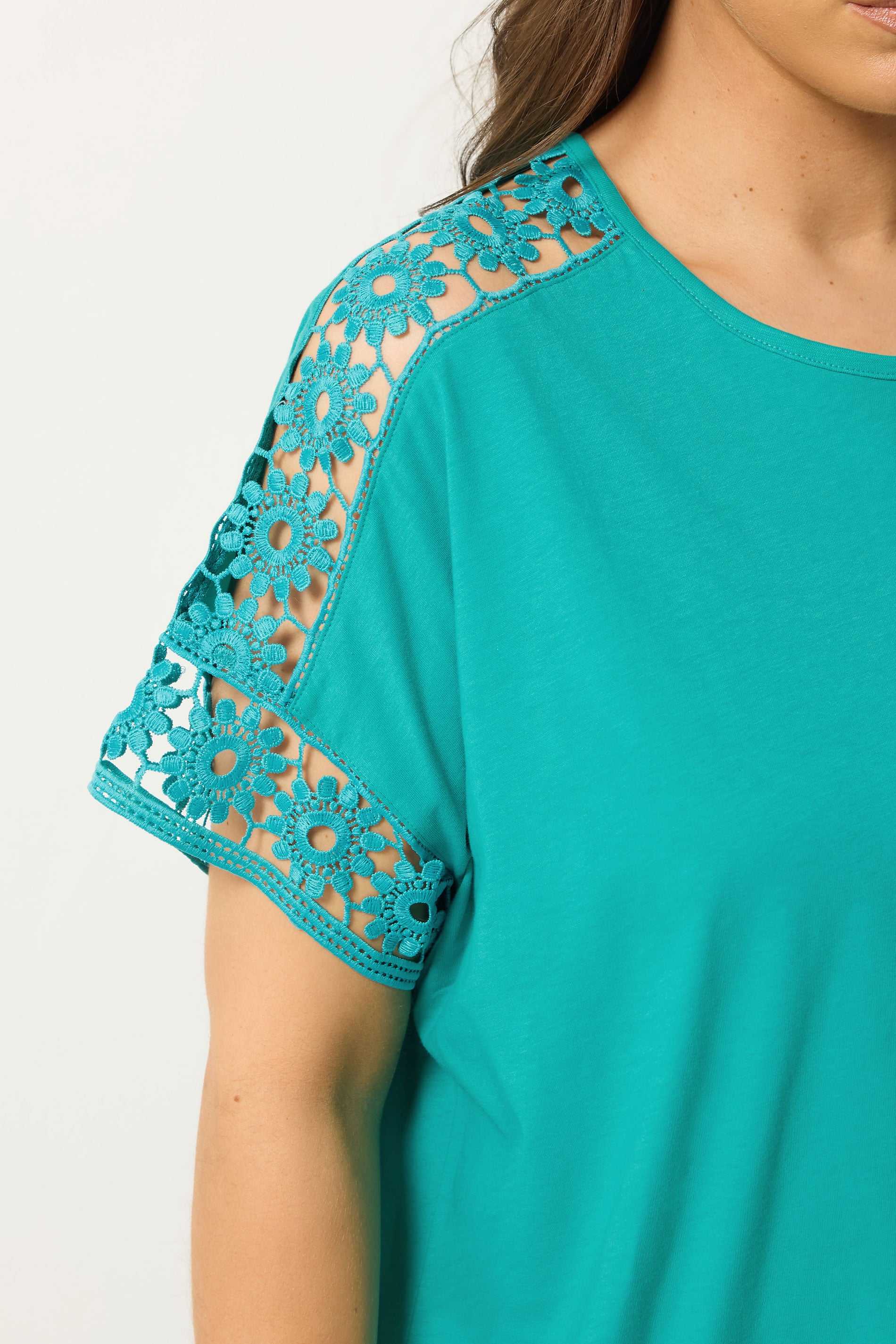 YOURS Plus Size Blue Crochet Sleeve T-Shirt | Yours Clothing 4