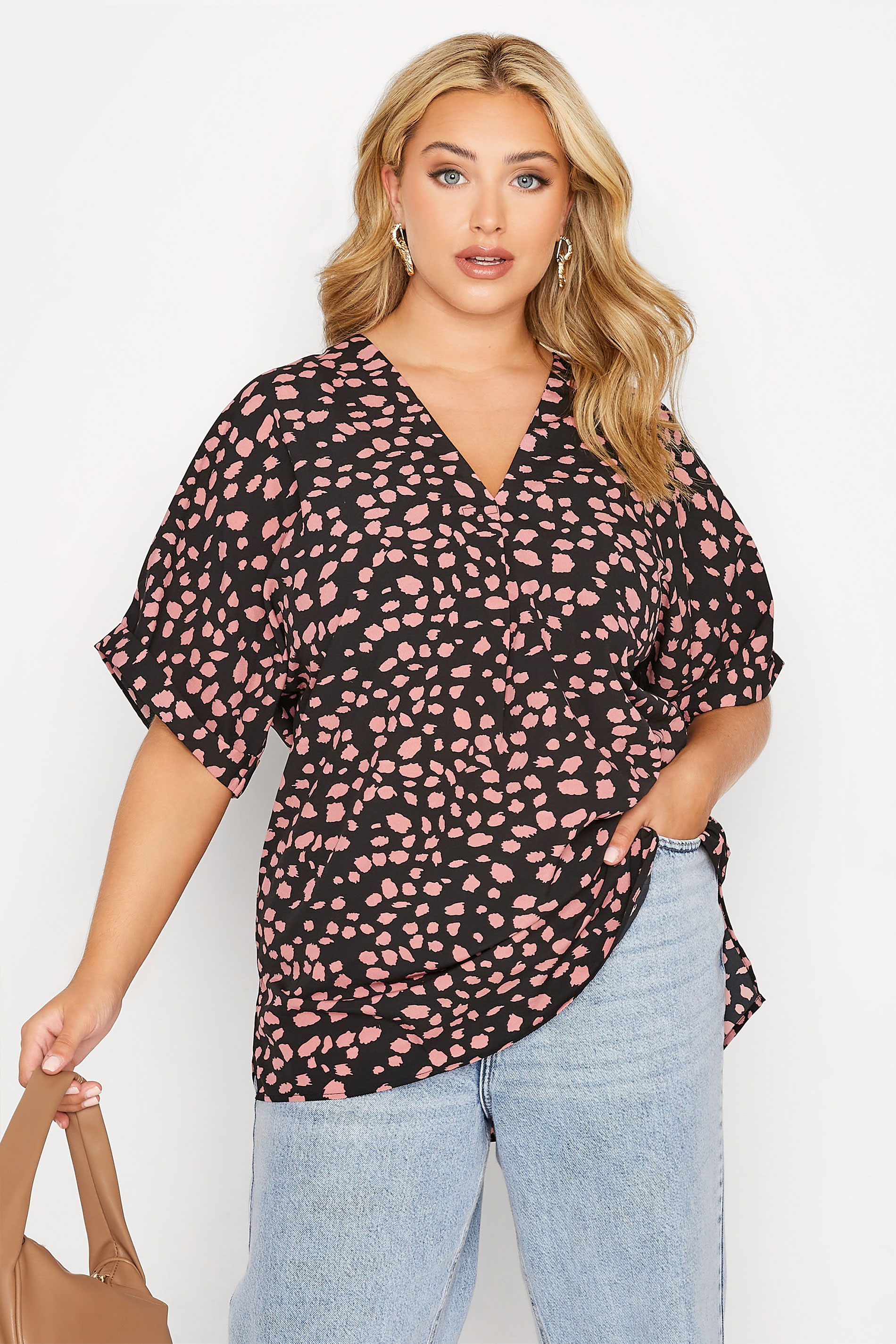 Plus Size Black & Pink Dalmatian Print Pleat Front V-Neck Top | Yours Clothing 1