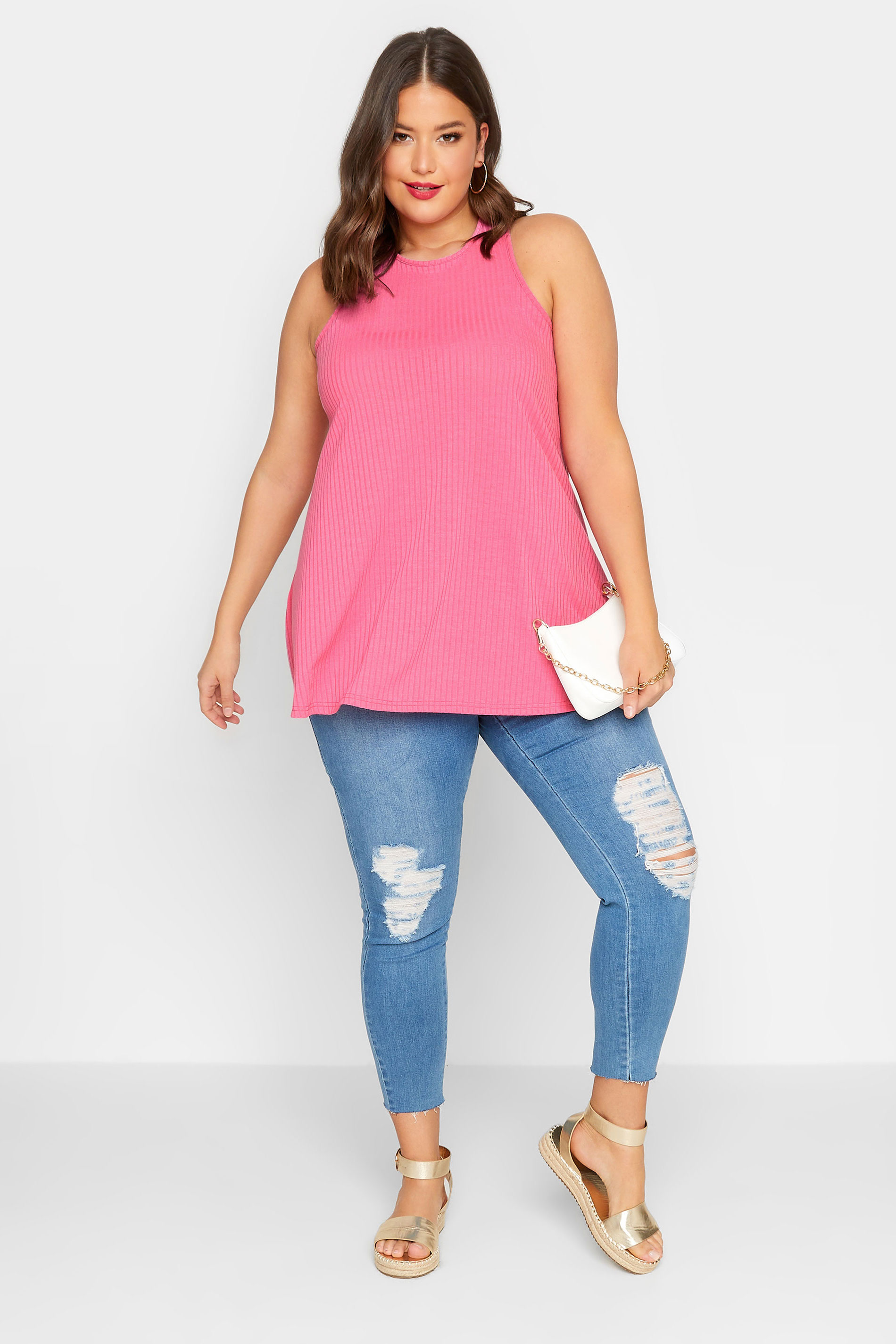 LIMITED COLLECTION Curve Plus Size Pink Ribbed Racer Cami Vest Top | Yours Clothing  2
