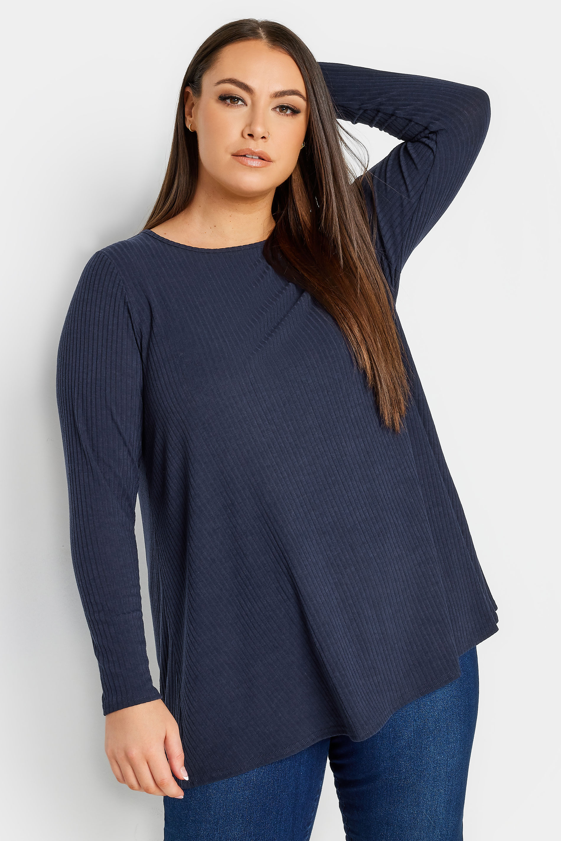 YOURS Plus Size Navy Blue Ribbed Swing T-Shirt | Yours Clothing 1
