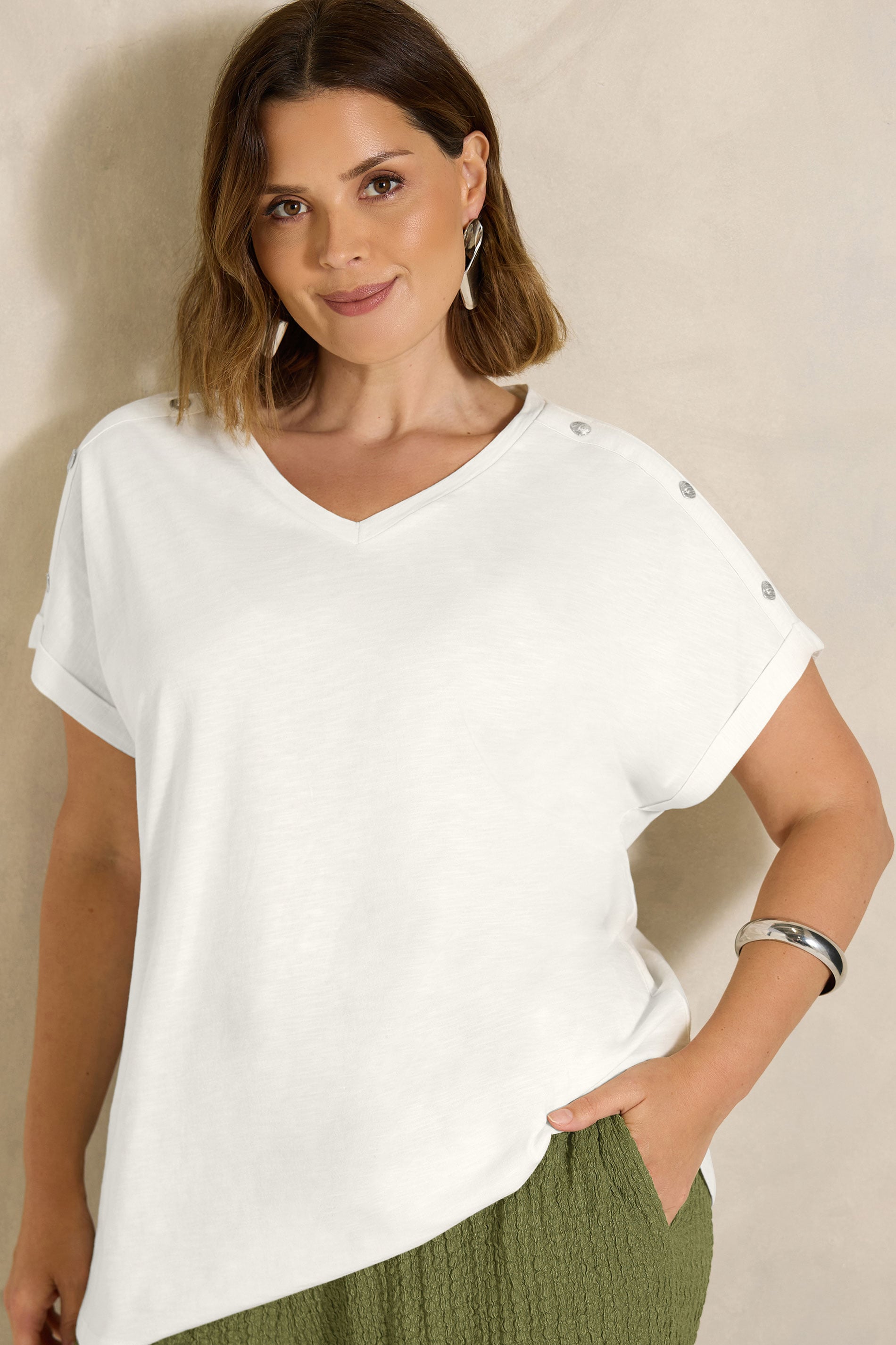 EVANS Plus Size Ivory White Button Shoulder T-Shirt | Evans 3