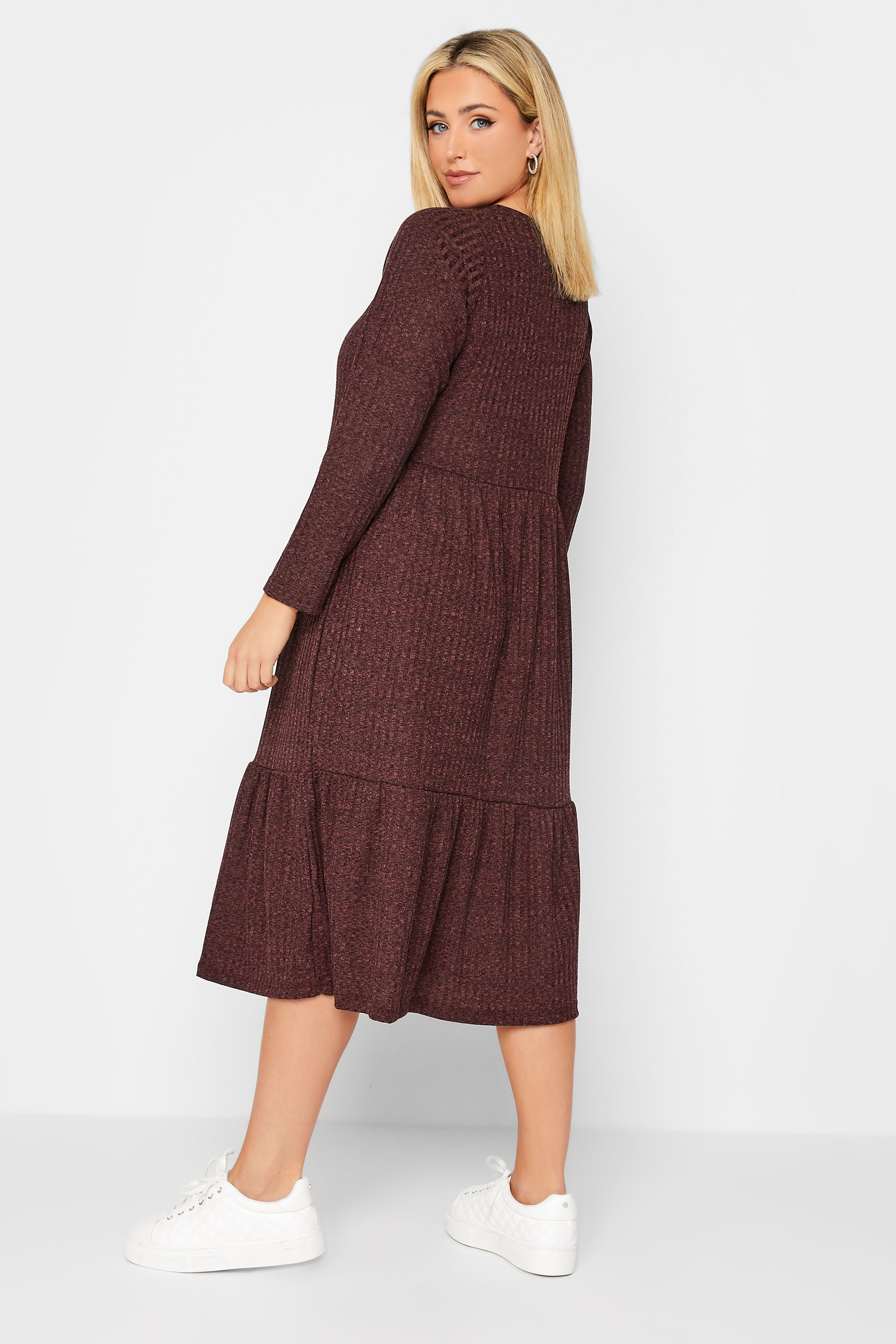 Curve Plus Size Burgundy Red Ribbed Midi Tier Dress | Yours Clothing 3