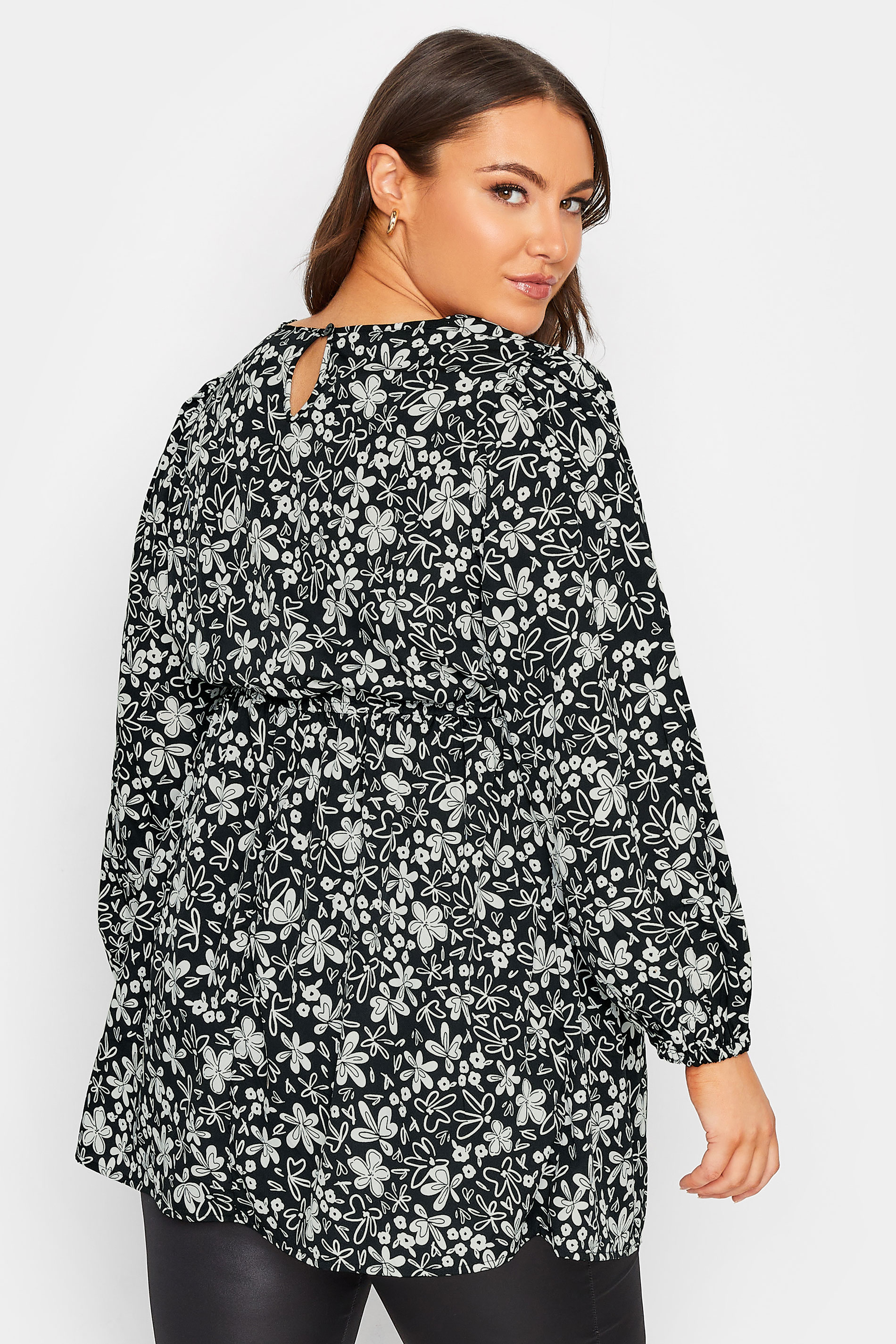 Curve Plus Size White & Black Floral Balloon Long Sleeve Shirred Waist Peplum Top | Yours Clothing  3