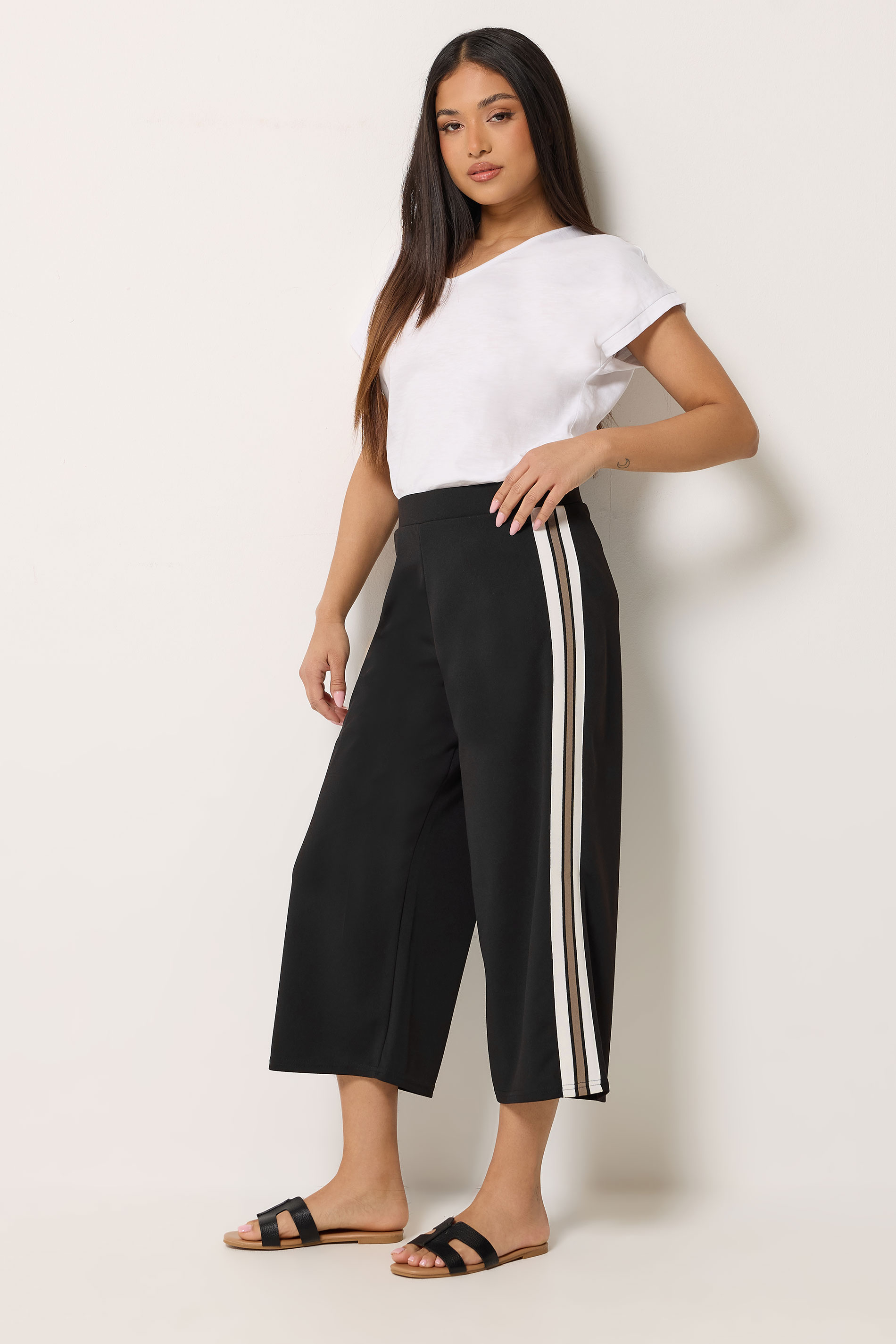M&Co Petite Black Cropped Side Stripe Trousers | M&Co 1