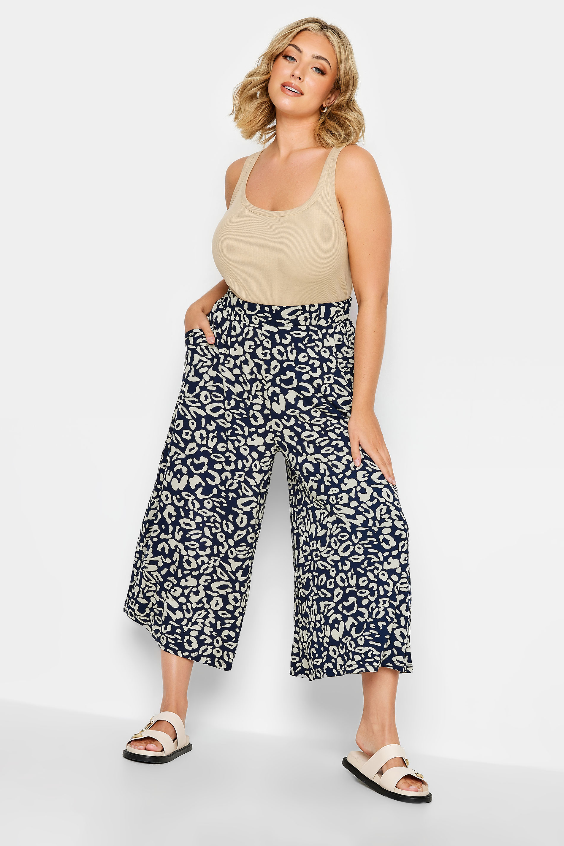 YOURS Plus Size Blue & Natural Abstract Print Midaxi Culottes | Yours Clothing 3