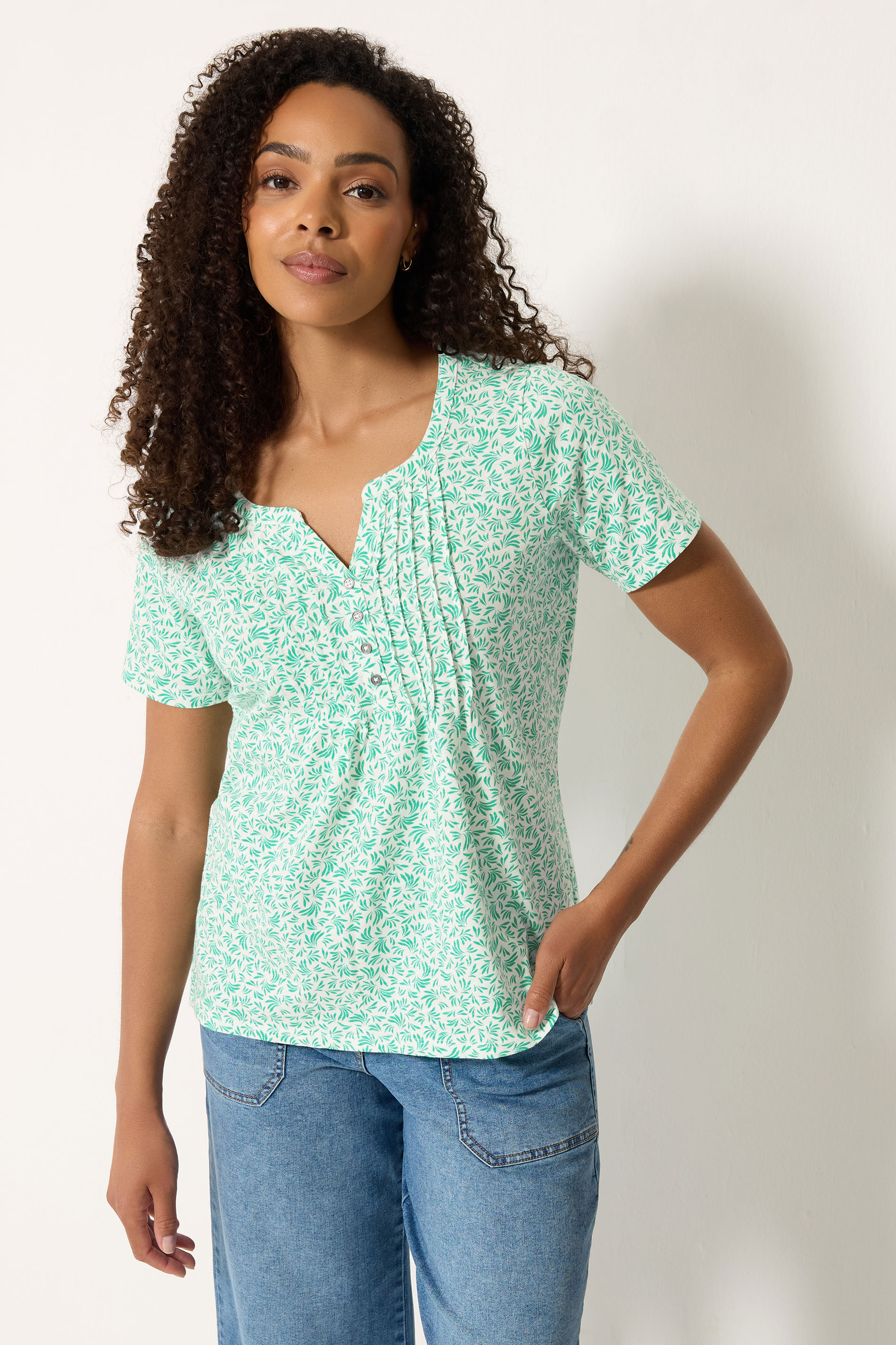 M&Co 2 PACK White & Green Leaf Print Cotton Henley Tops | M&Co 1