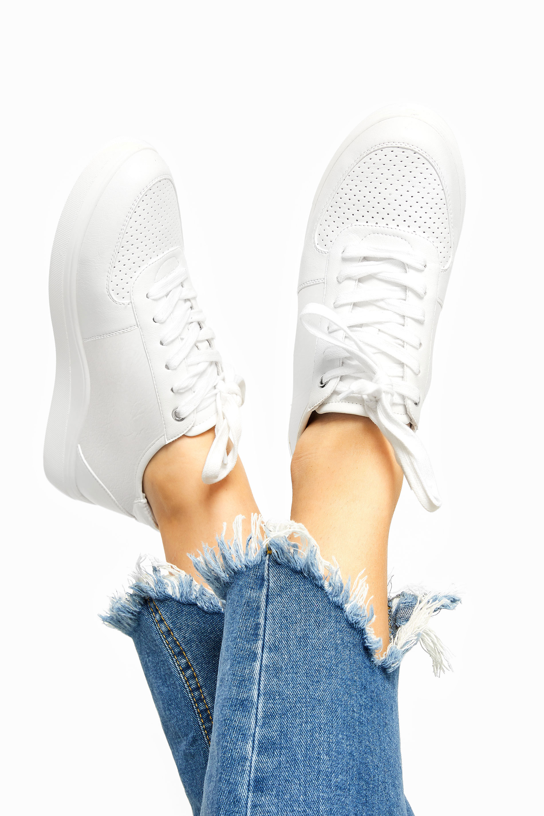 White Vegan Leather Lace Up Trainers In Extra Wide Fit | Long Tall Sally