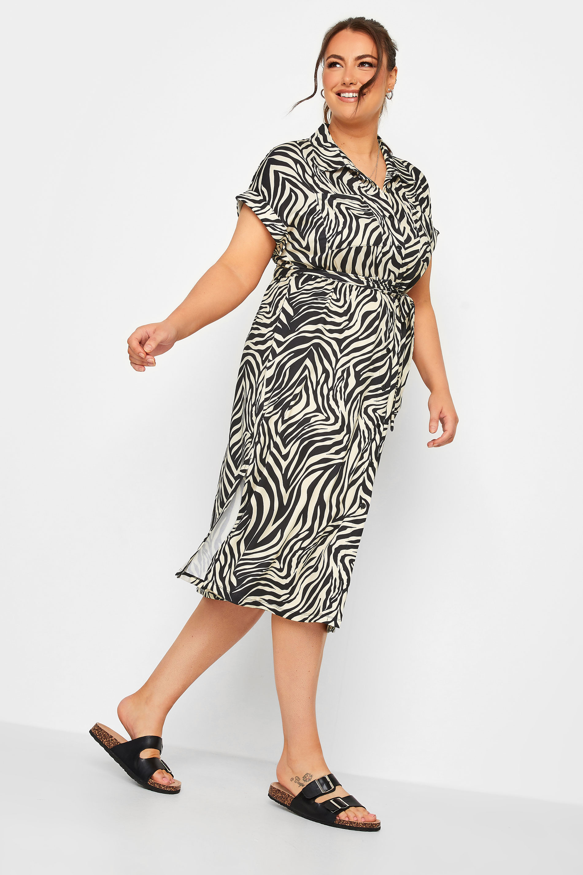 YOURS Curve Black & White Zebra Print Spilt Hem Midaxi Shirt Dress | Yours Clothing  2