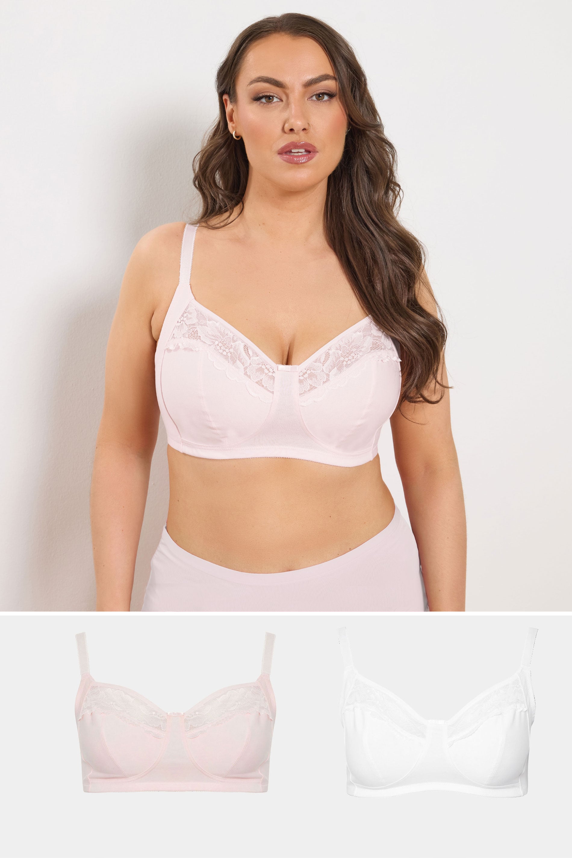 YOURSET 2 PACK Plus Size Pink Cotton Lace Trim Non-Padded Non-Wired Bralette | Yours Clothing 1