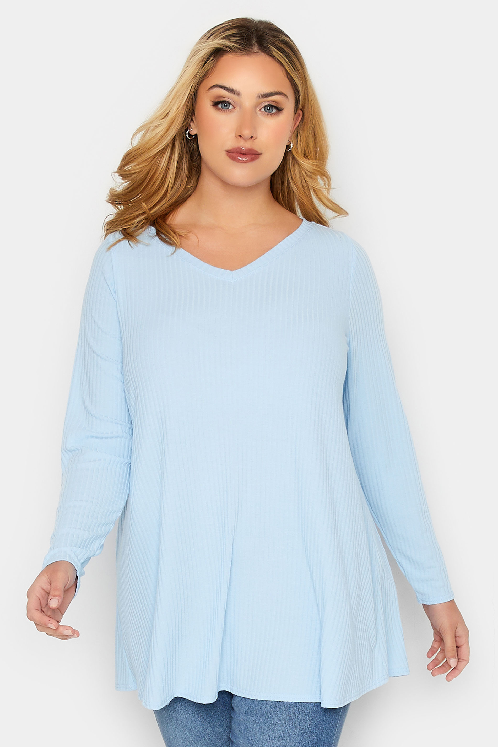 Plus Size Light Blue Long Sleeve Ribbed Swing Top | Yours Clothing 1