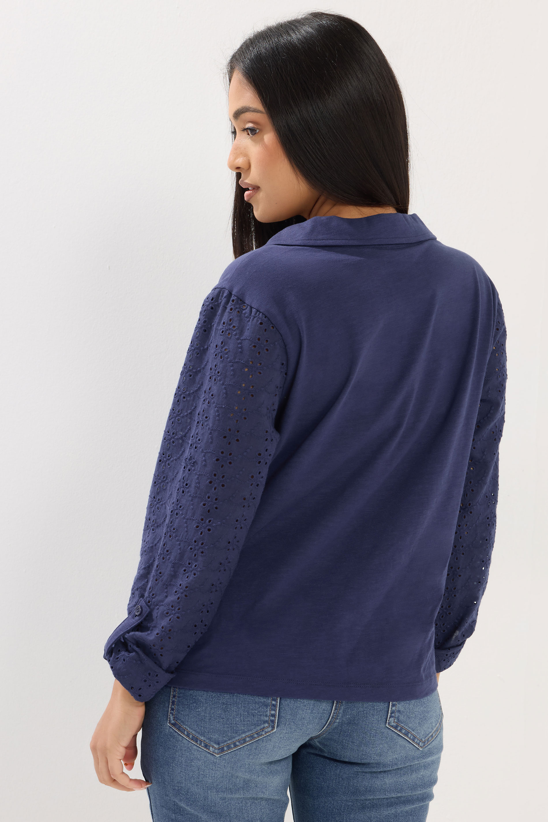 M&Co Petite Navy Blue Broderie Sleeve Cotton Shirt | M&Co 2
