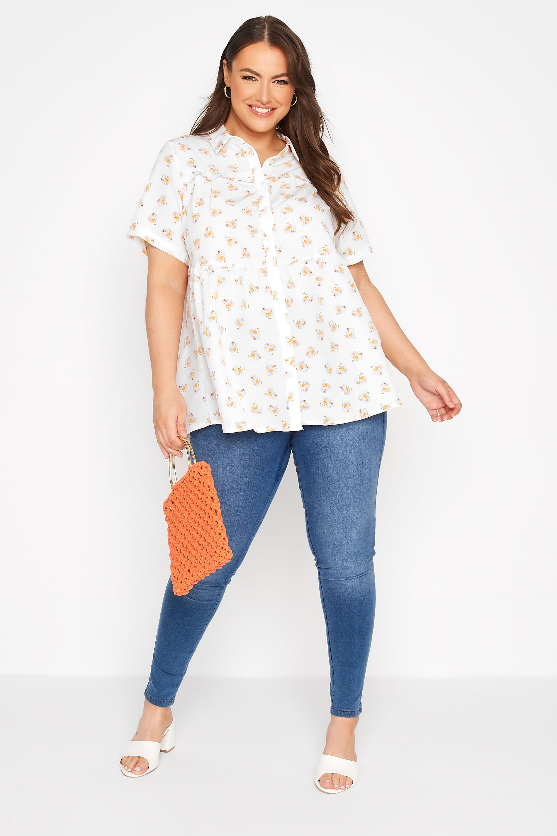 Plus Size White Floral Frill Detail Peplum Shirt | Yours Clothing 2
