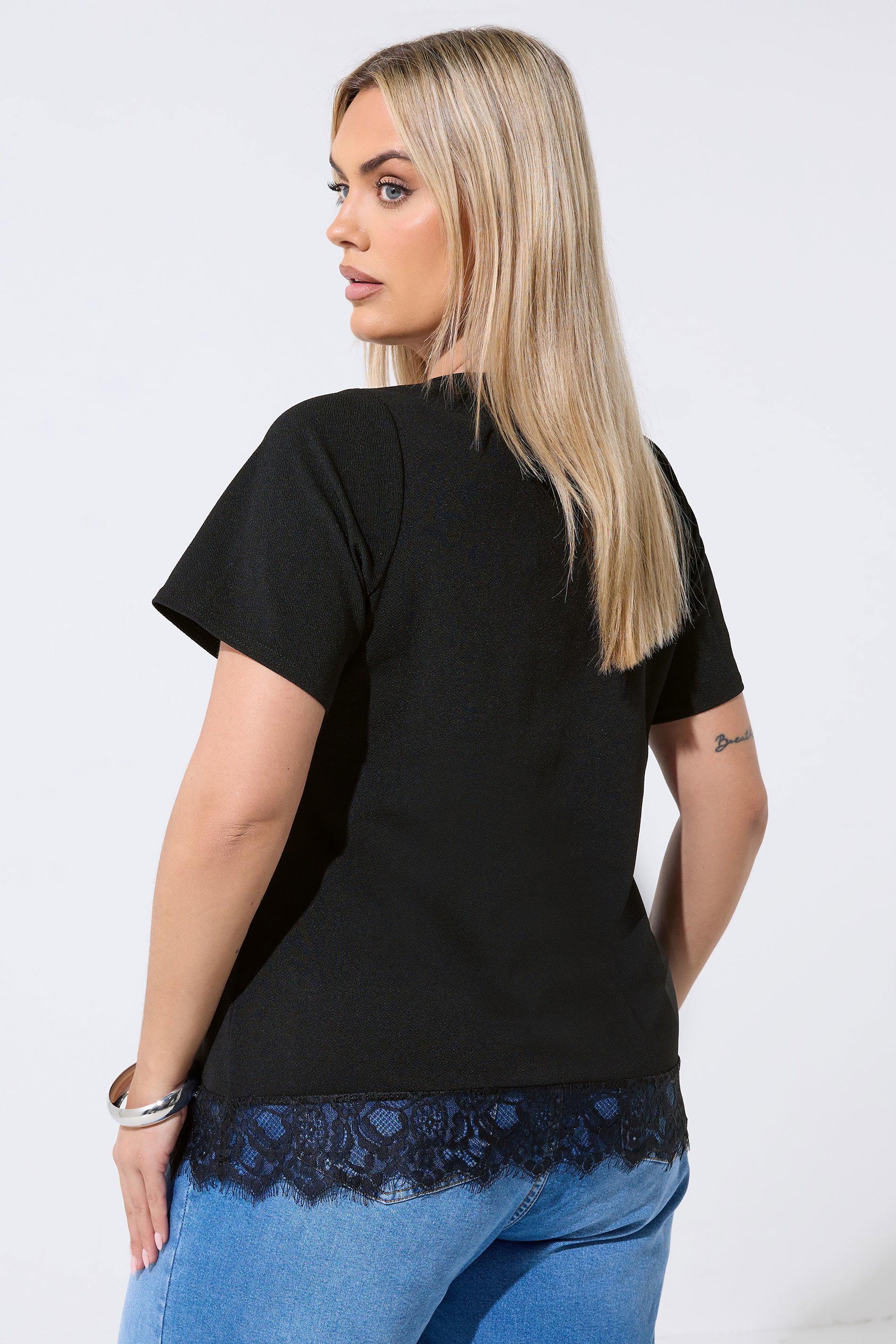LIMITED COLLECTION Plus Size Black V-Neck Lace Hem Top | Yours Clothing 2