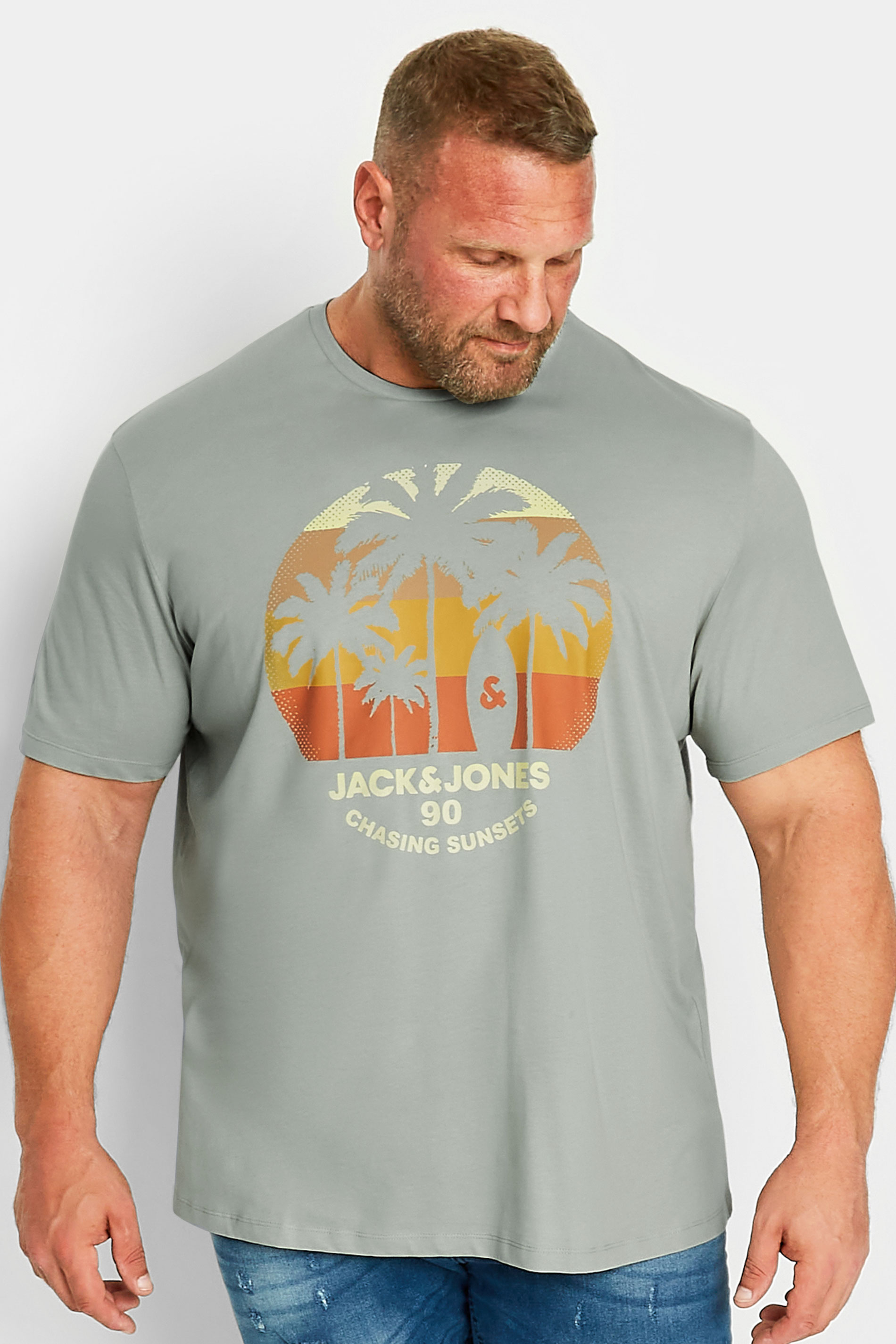 JACK & JONES Big & Tall Grey Palm Tree Logo Print T-Shirt | BadRhino 1