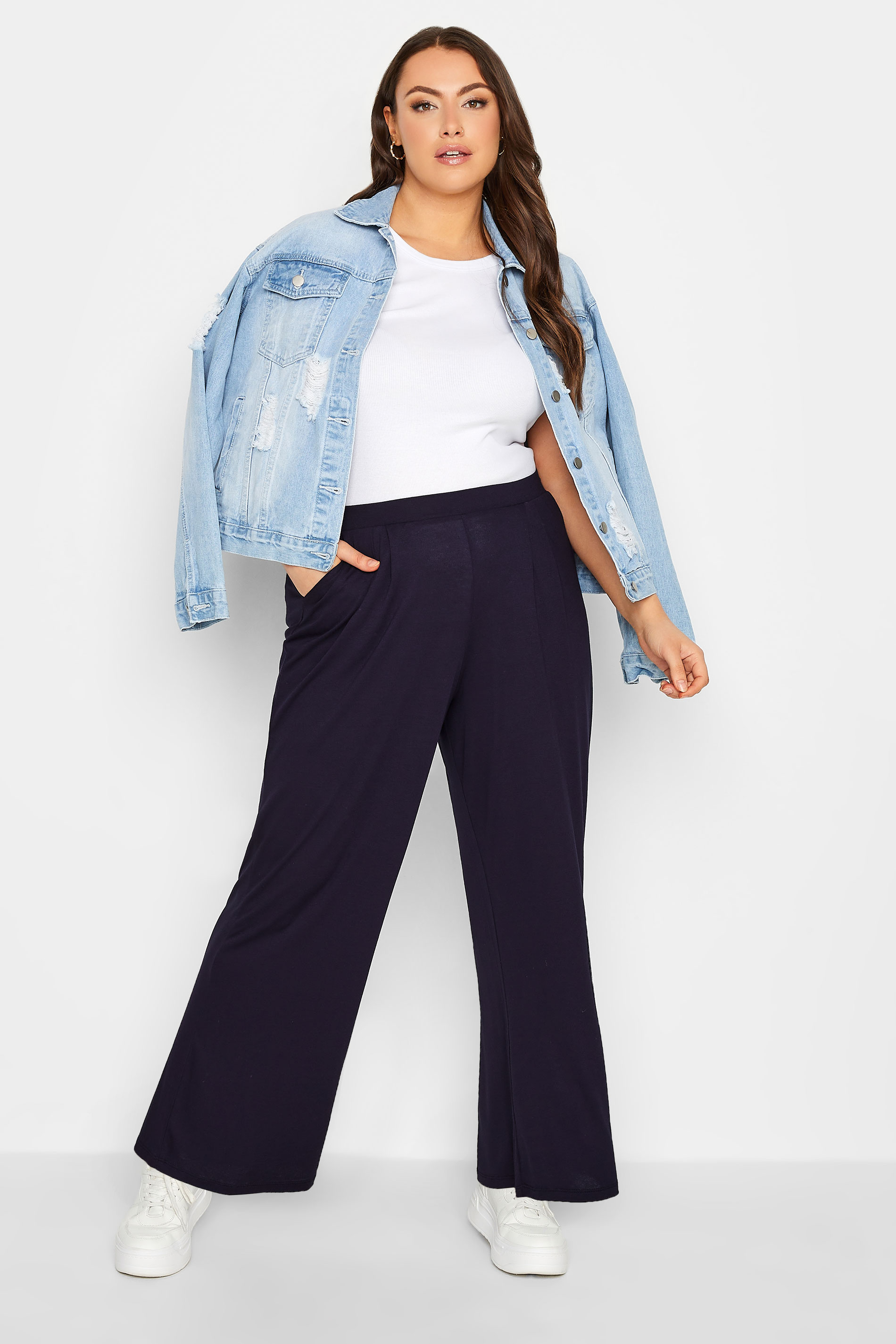 YOURS Plus Size Navy Blue Pleat Stretch Wide Leg Trousers | Yours Clothing 2