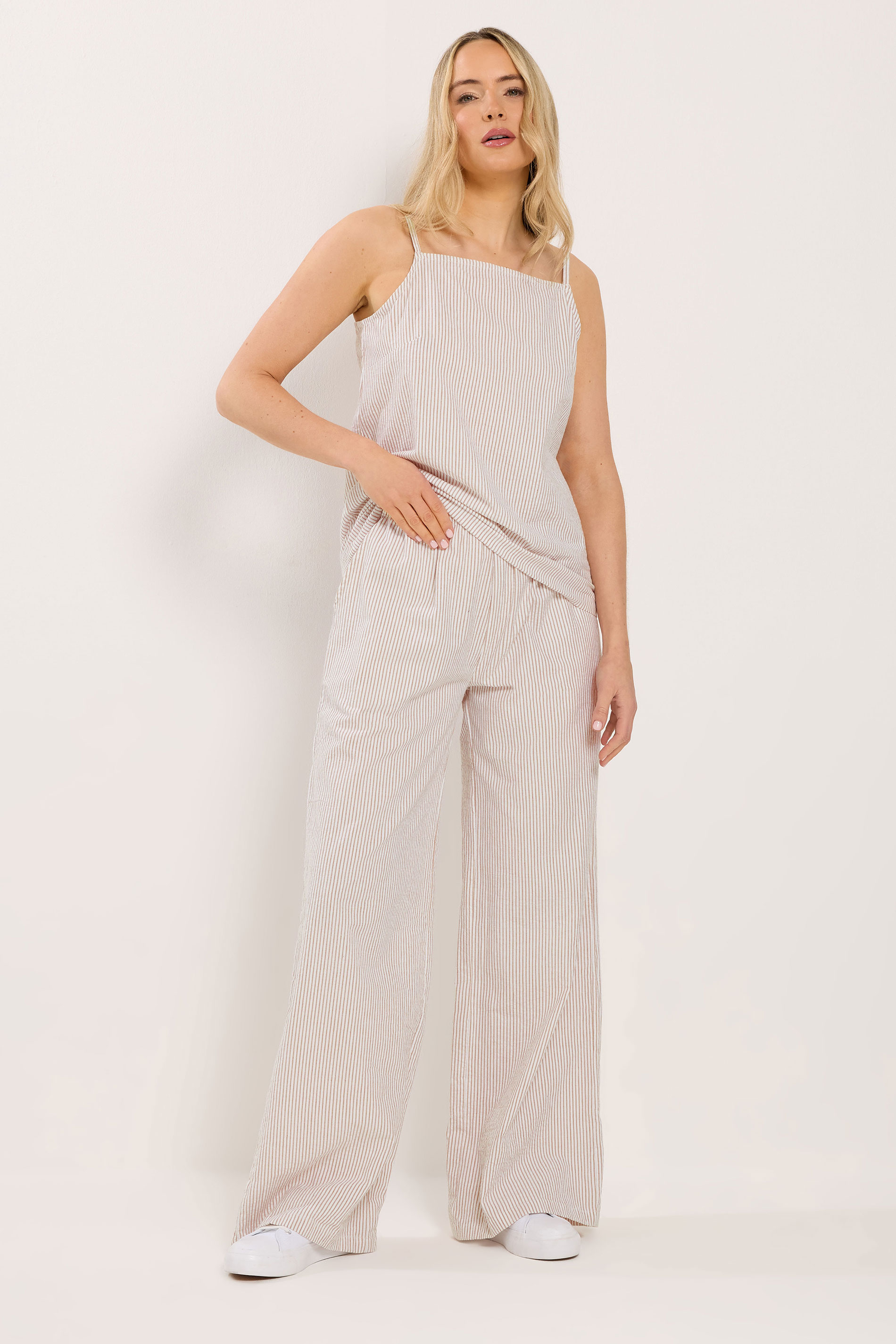 LTS Tall Women's Set Camel Brown Stripe Cotton Vest Top & Trousers | Long Tall Sally  1