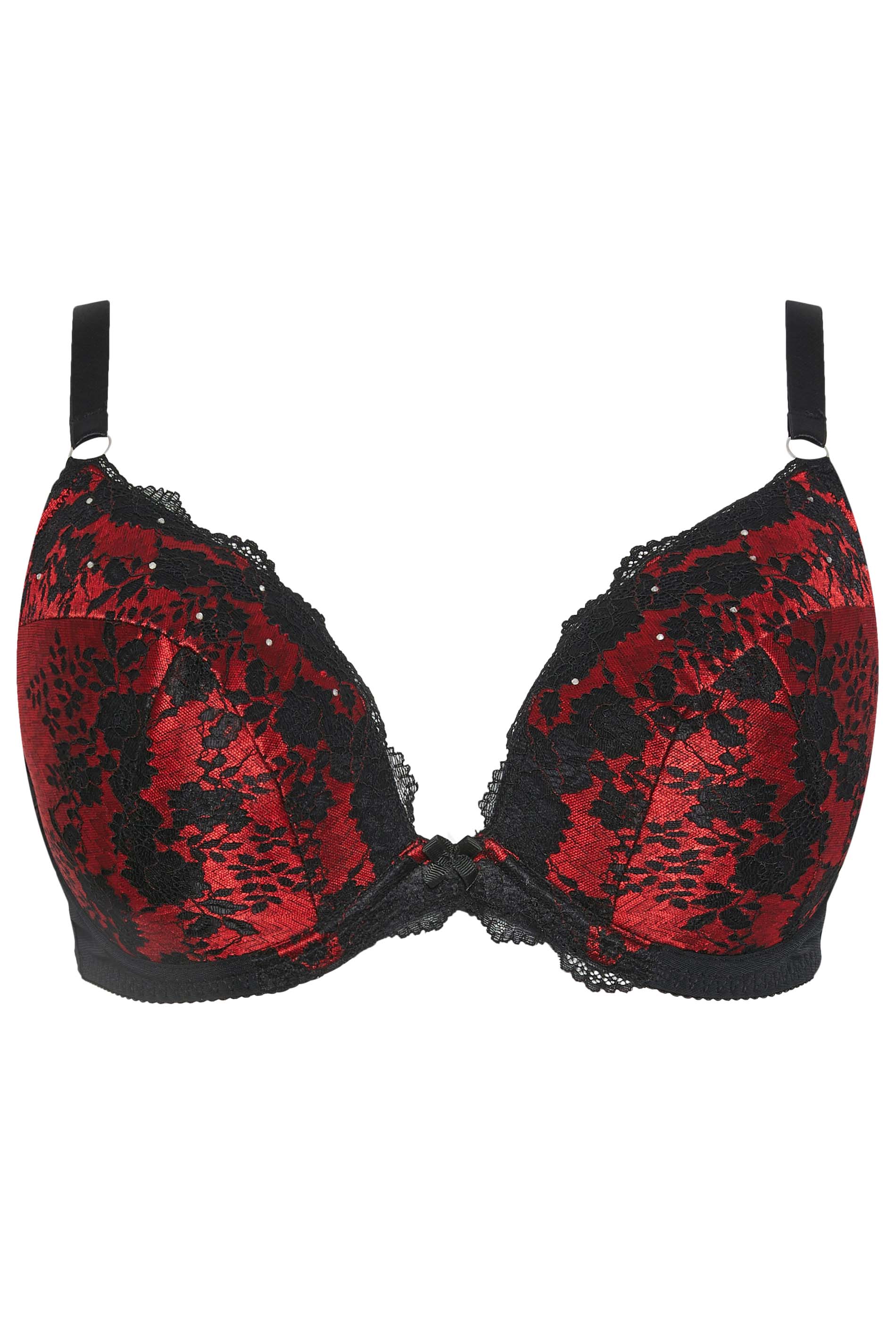 Black lace on Red underwire push-up Bra- bow detail - Size 30B