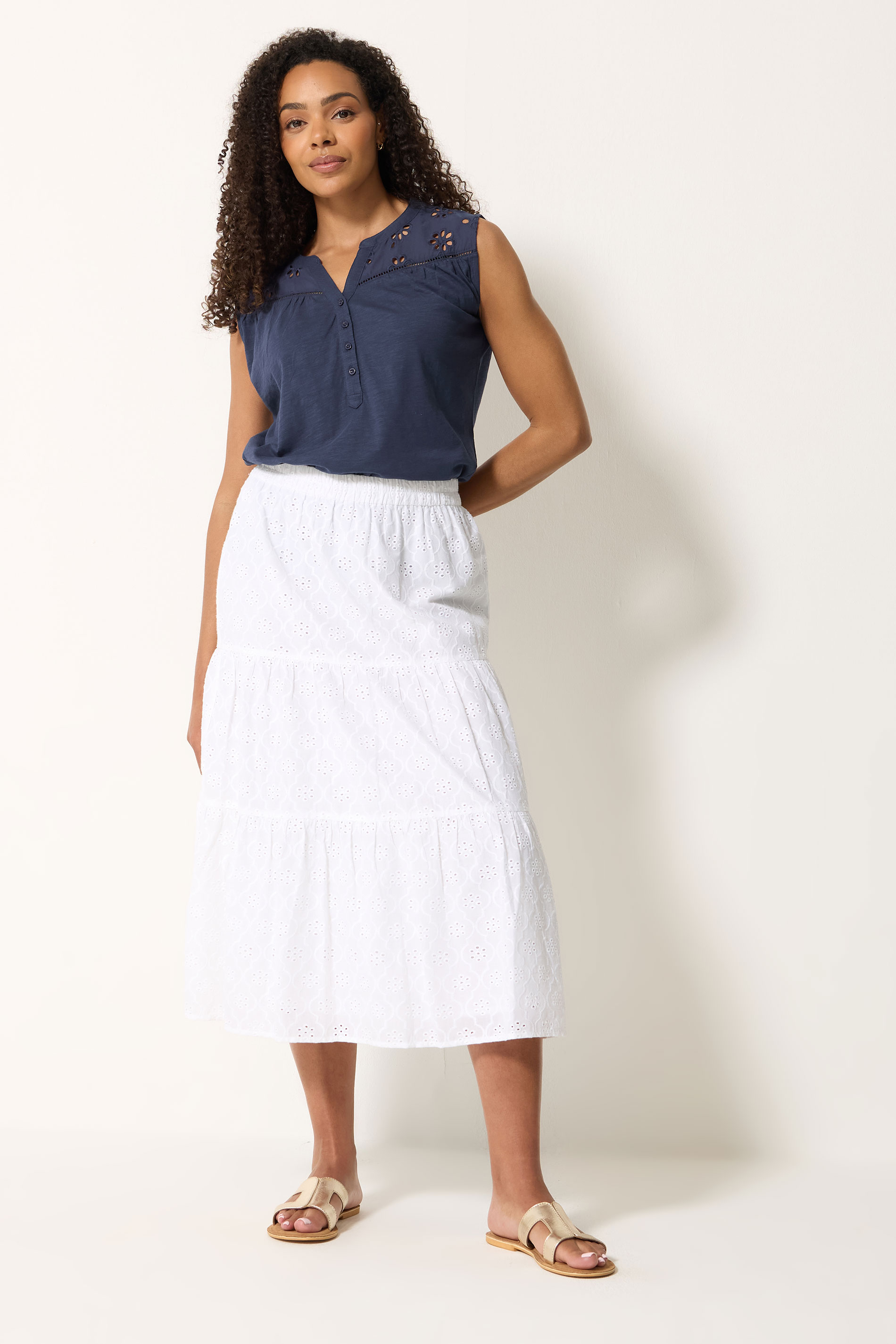 M&Co Navy Blue Floral Embroidered Cotton Vest Top | M&Co 1