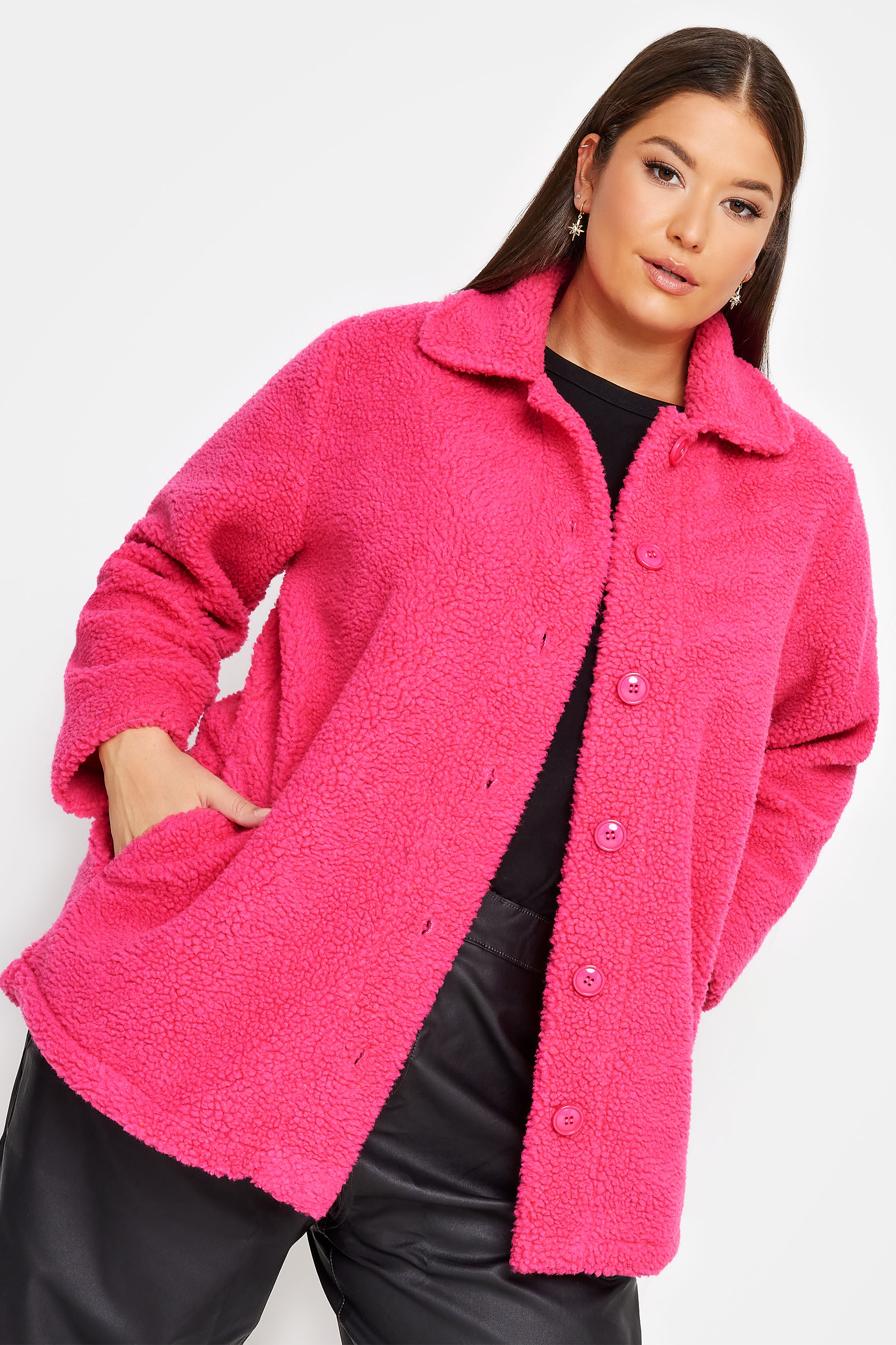 YOURS Plus Size Hot Pink Teddy Fleece Jacket | Yours Clothing 1