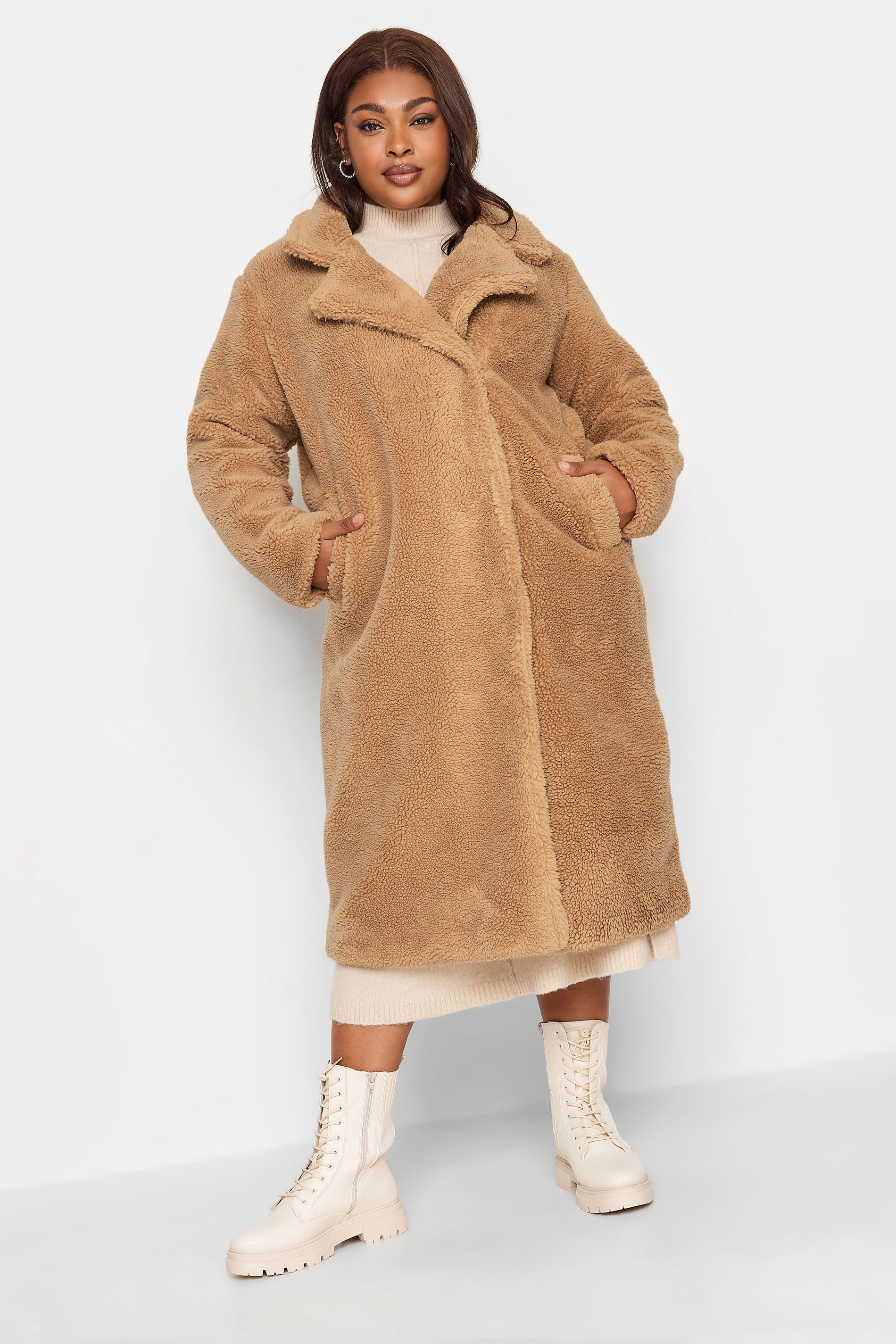 YOURS Plus Size Camel Brown Teddy Maxi Coat | Yours Clothing 3