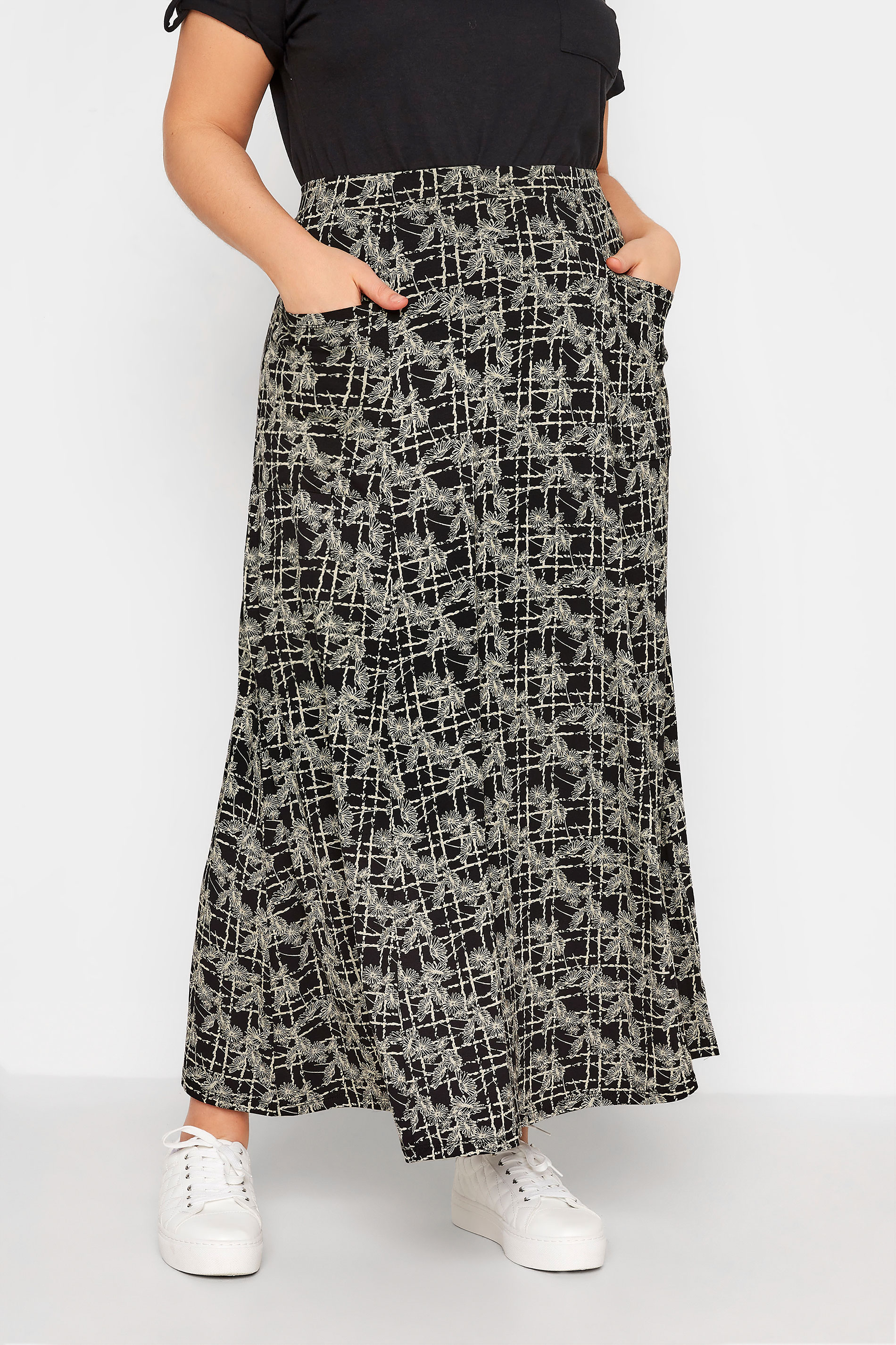 Plus Size Black Floral Print Maxi Pocket Skirt | Yours Clothing  1