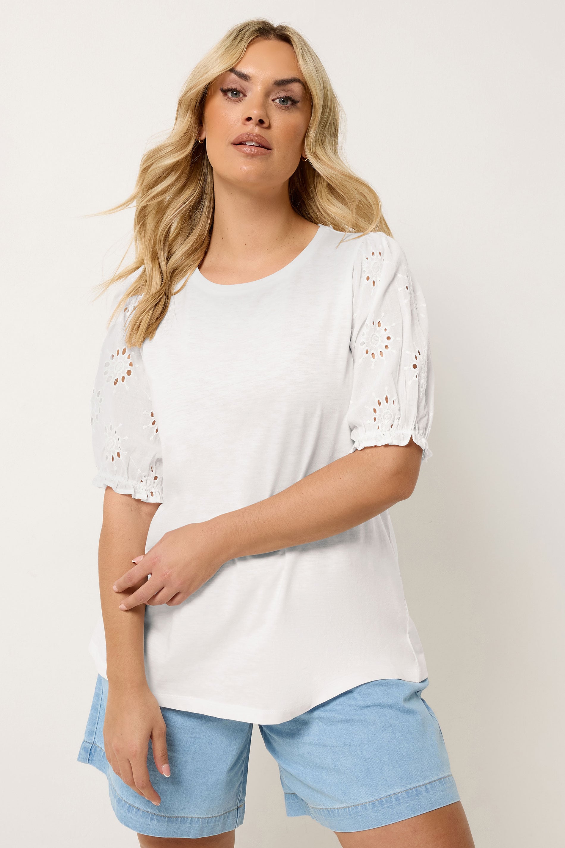 YOURS Plus Size White Broiderie Anglaise T-Shirt | Yours Clothing 1