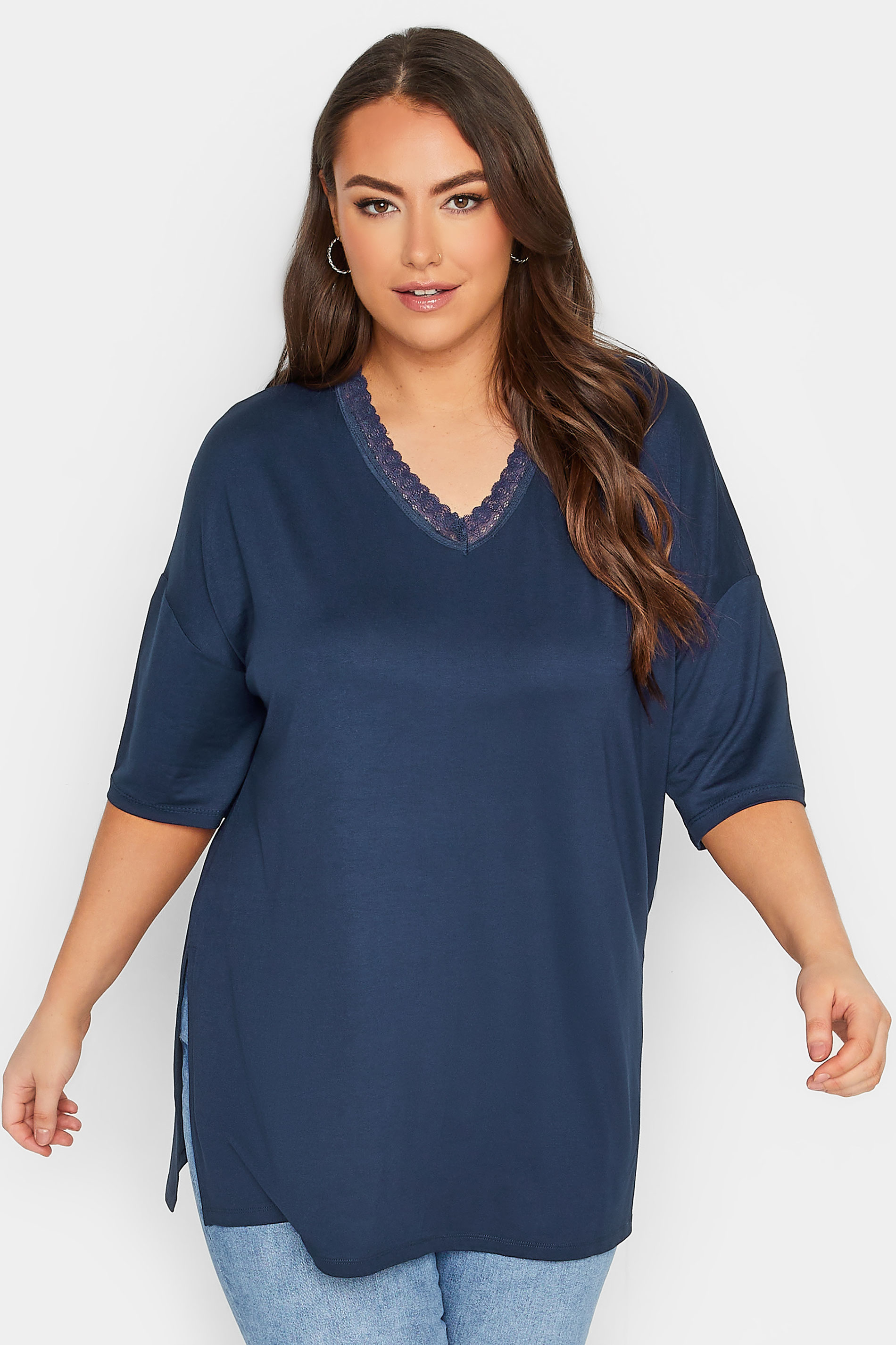 YOURS Plus Size Curve Navy Blue Lace Collar T-Shirt | Yours Clothing  1