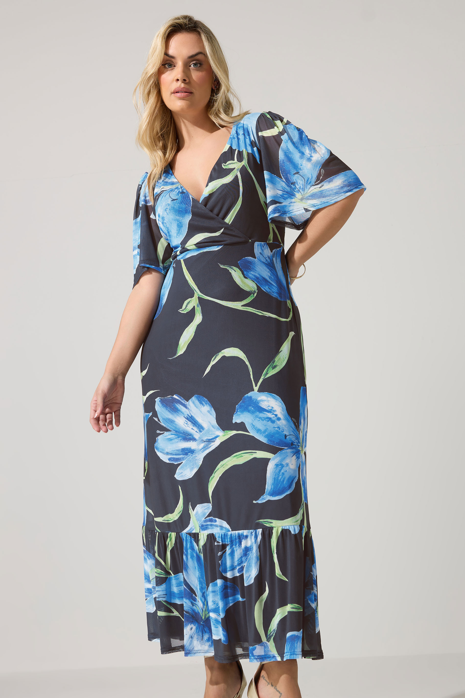 YOURS LONDON Plus Size Navy Blue Floral Wrap Ruffle Hem Dress | Yours Clothing 1