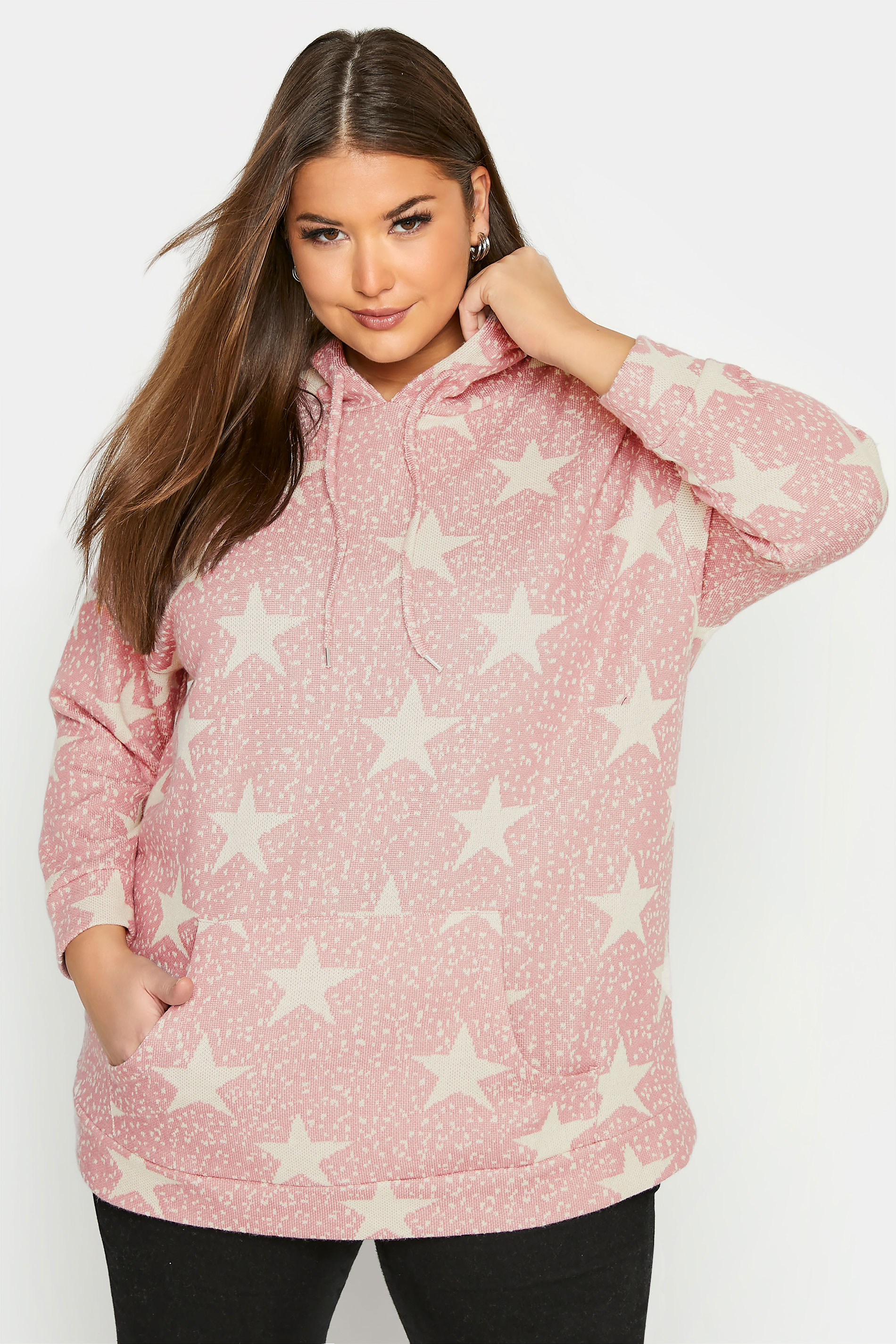 Curve Pink Star Print Knitted Hoodie_A.jpg