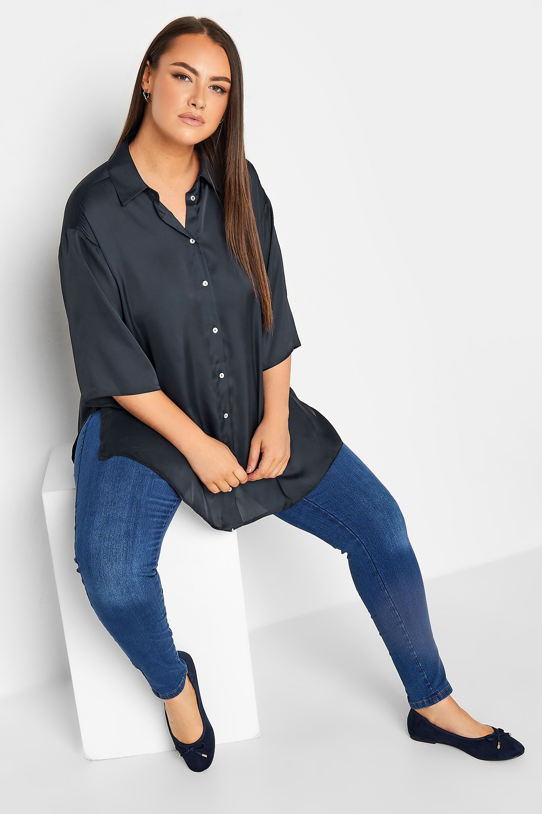 YOURS Curve Plus Size Navy Blue Satin Shirt | Yours Clothing  3