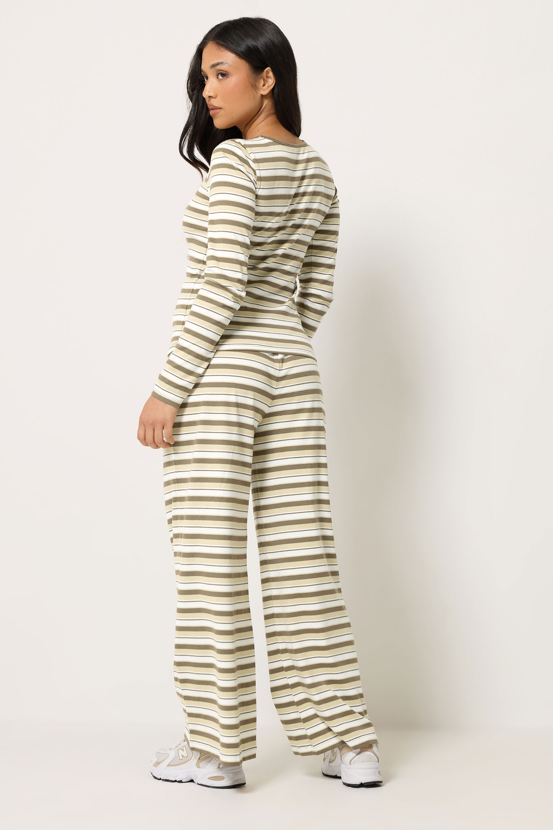PixieGirl Petite Women's Set Brown Stripe Cotton Button Top & Wide Leg Trousers | PixieGirl 2