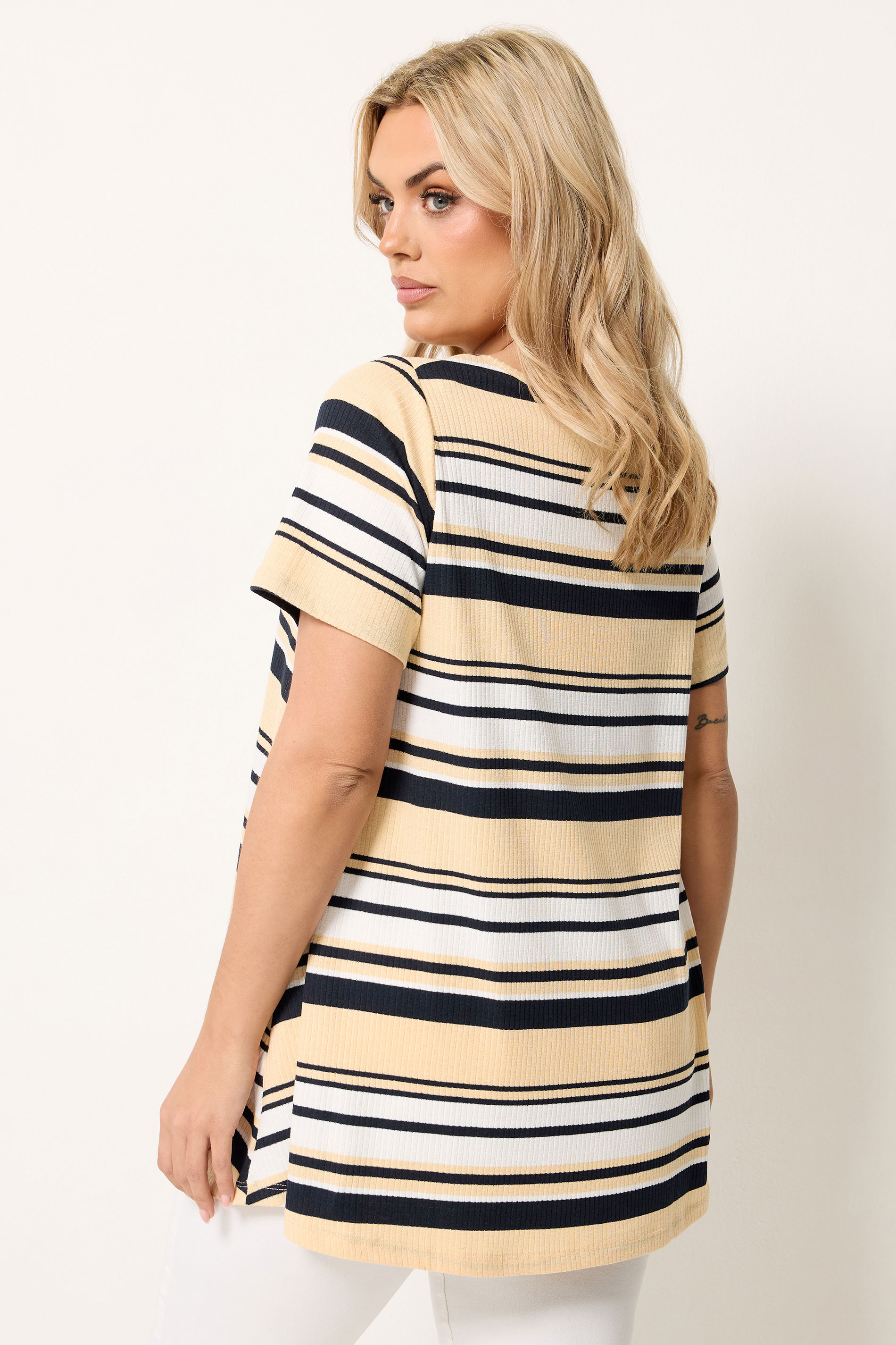 Yours Plus Size Ivory White Ribbed Stripe Swing T-Shirt | Yours Clothing 2