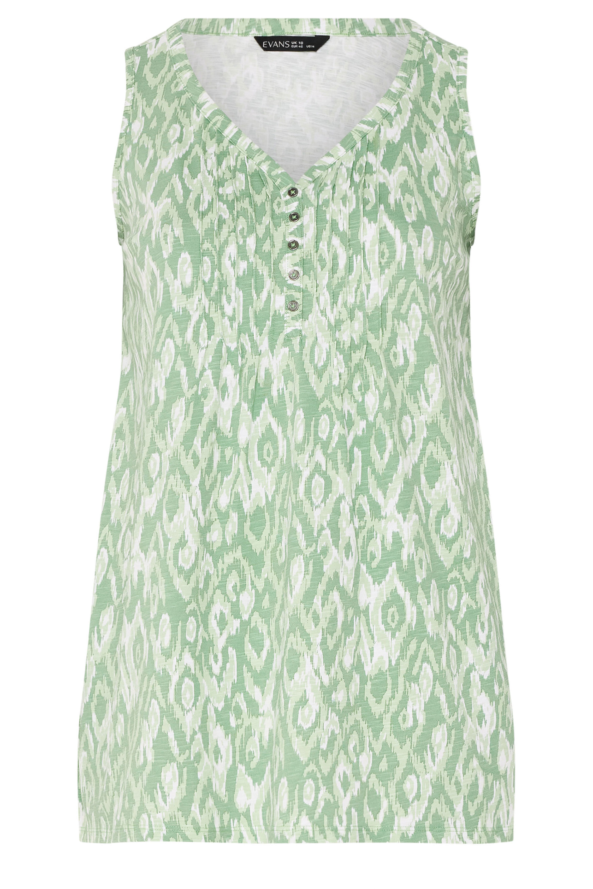 EVANS Plus Size Green Ikat Print Sleeveless Henley Top | Evans 6