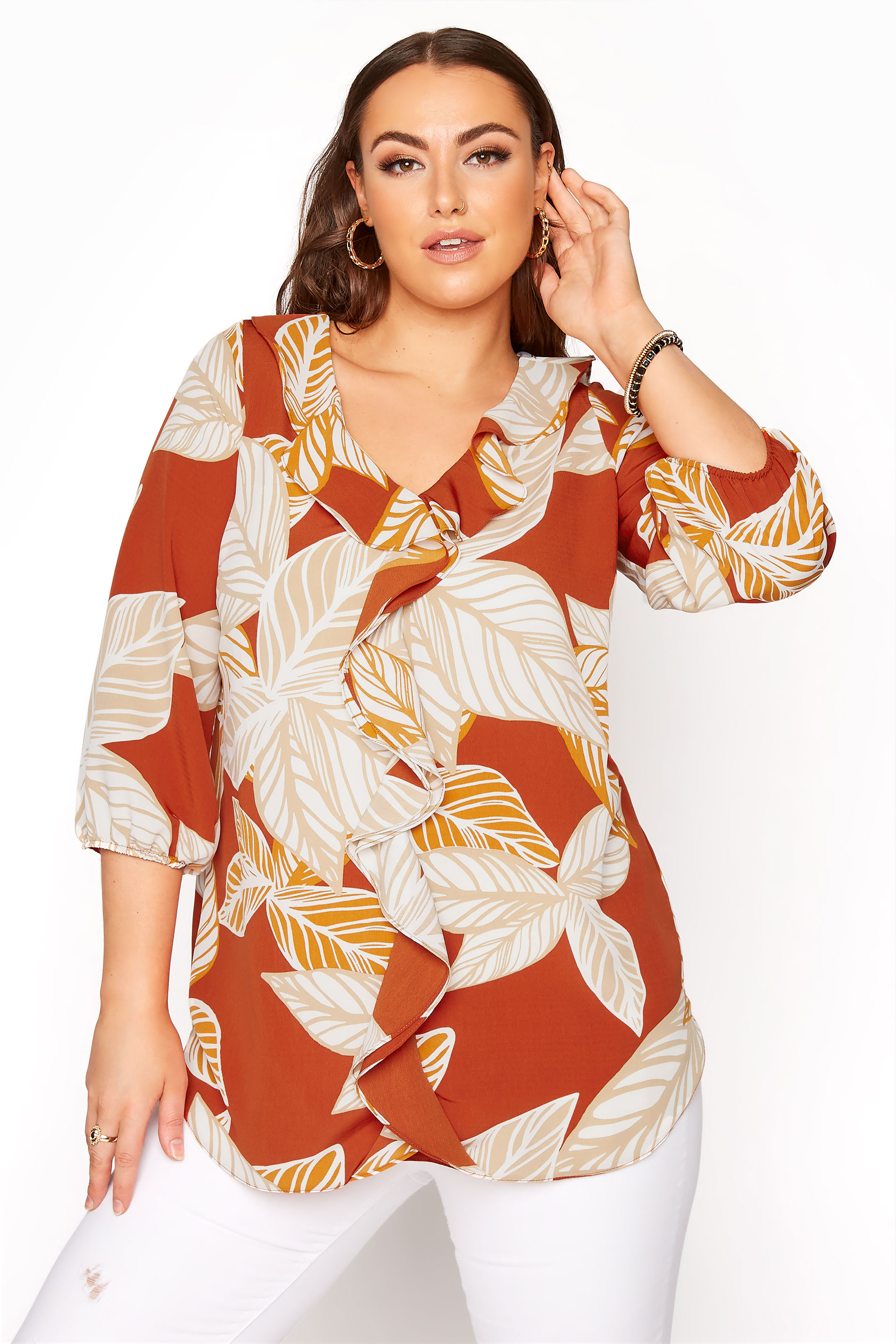 Rust Leaf Print Ruffle Balloon Sleeve Blouse | Yours Clothing
