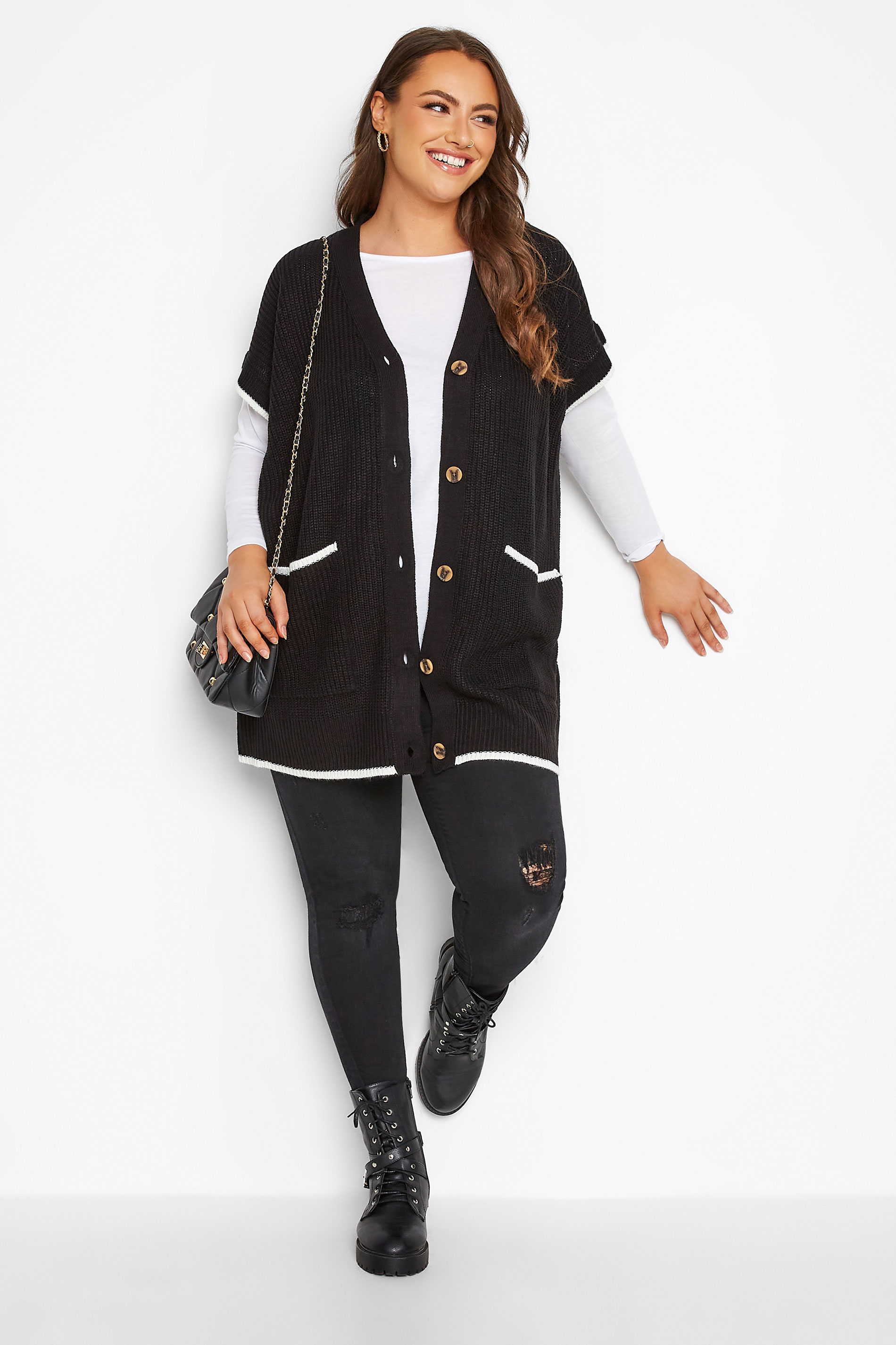 Plus Size Curve Black Button Through Knitted Vest | Yours Clothing  2