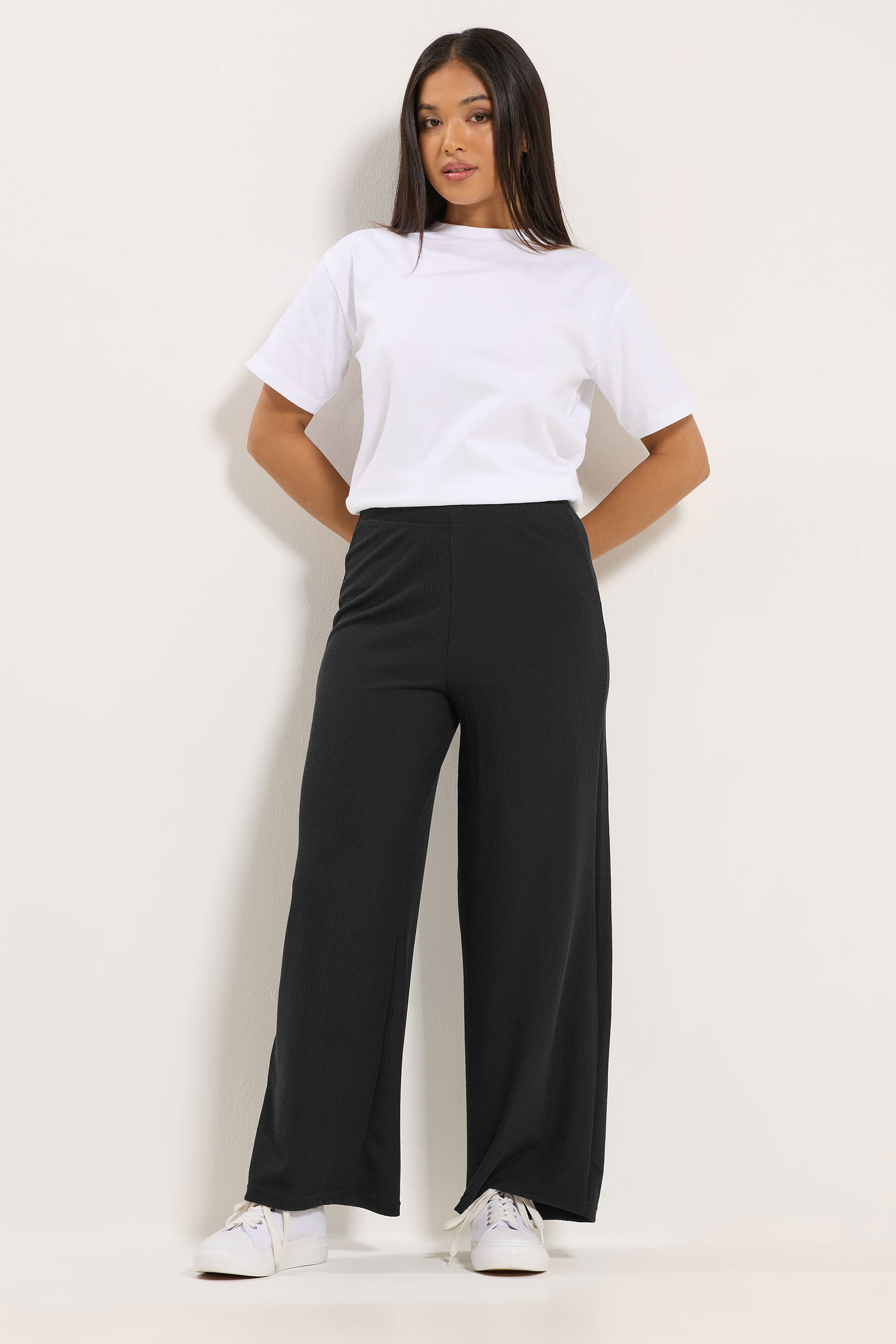 M&Co Petite Black Ribbed Wide Leg Trousers | M&Co 1