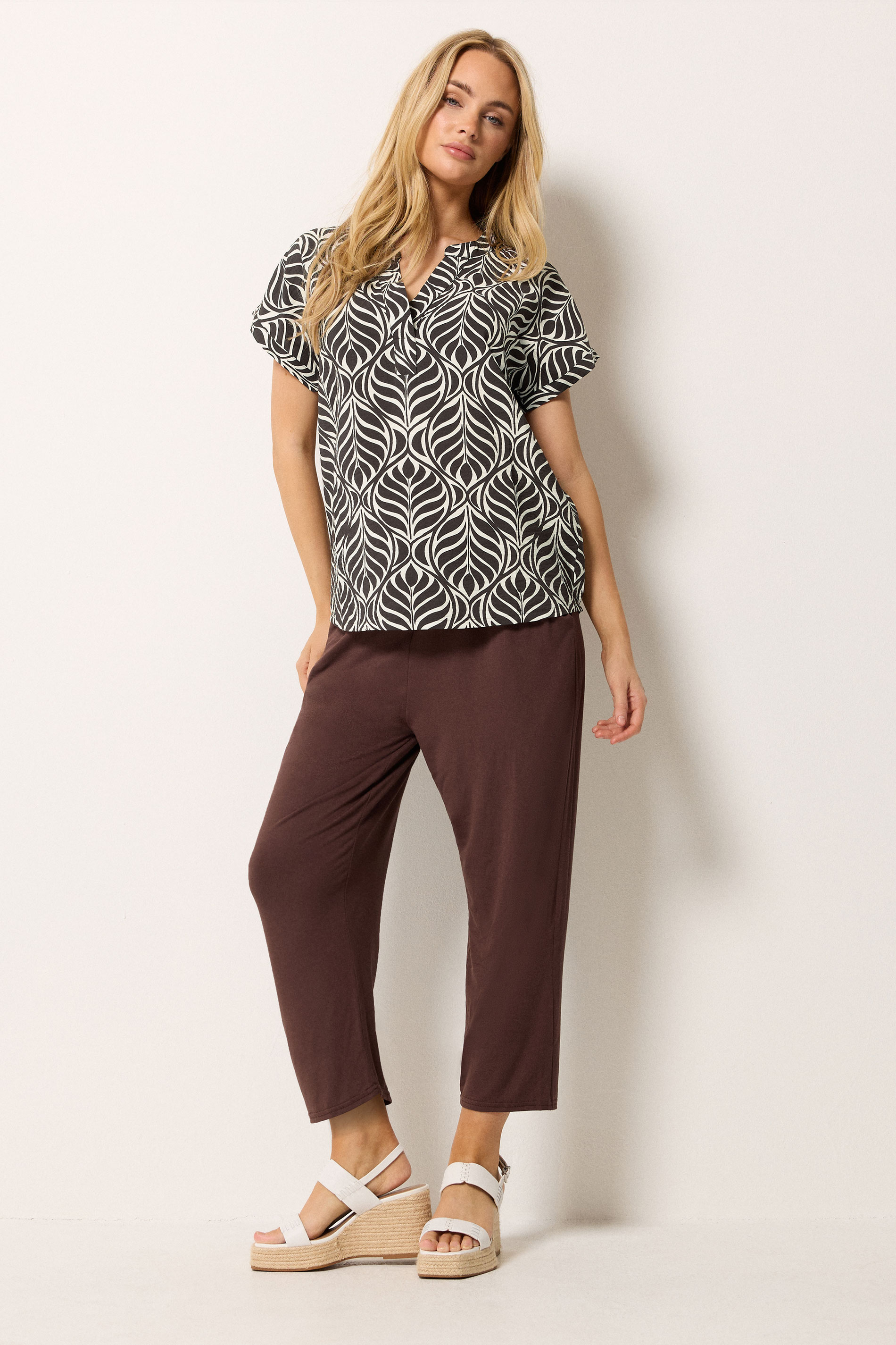 M&Co Brown Leaf Print Notch Neck Top | M&Co 1