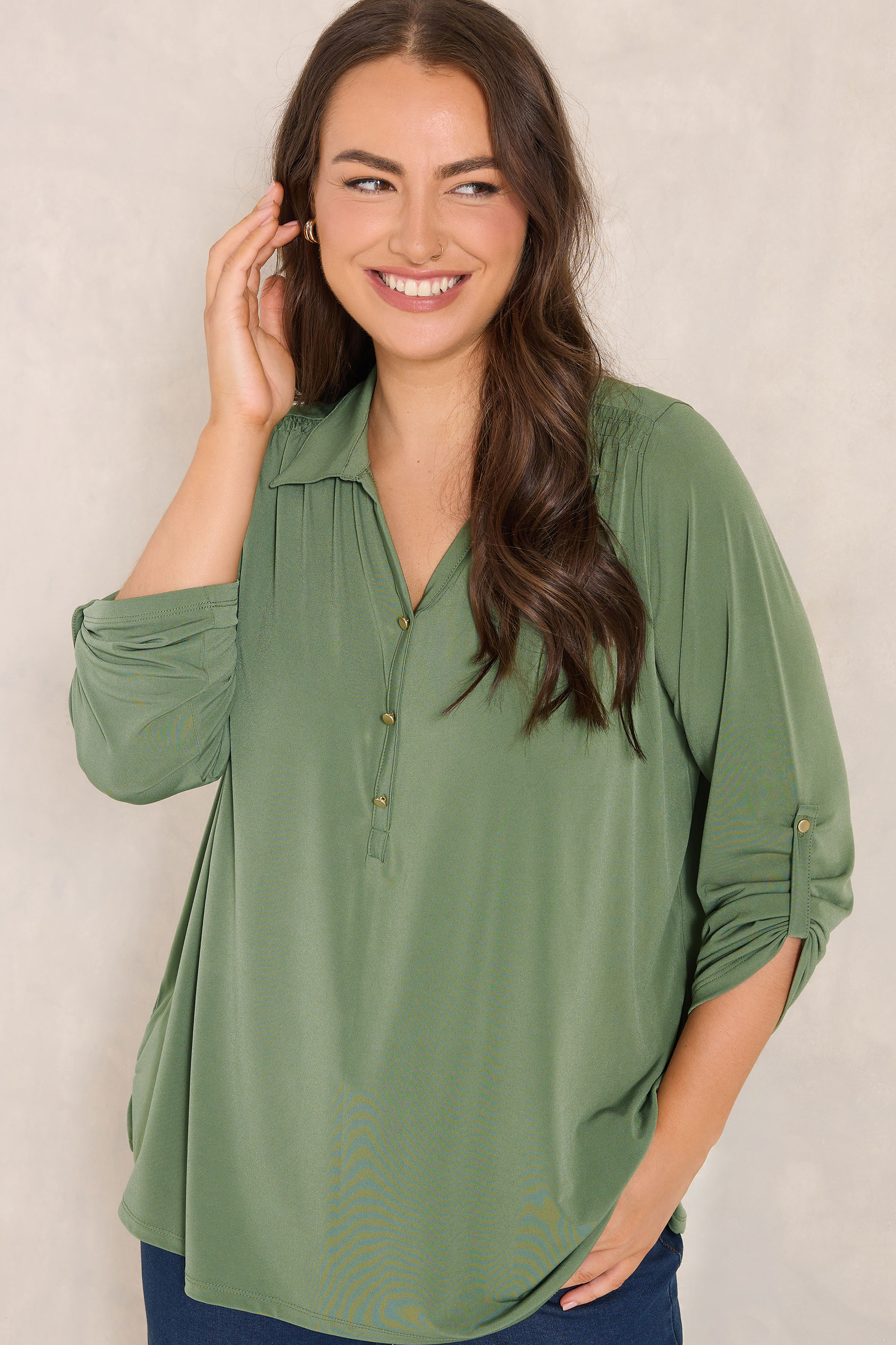 EVANS Plus Size Khaki Green Long Sleeve Blouse | Evans  3