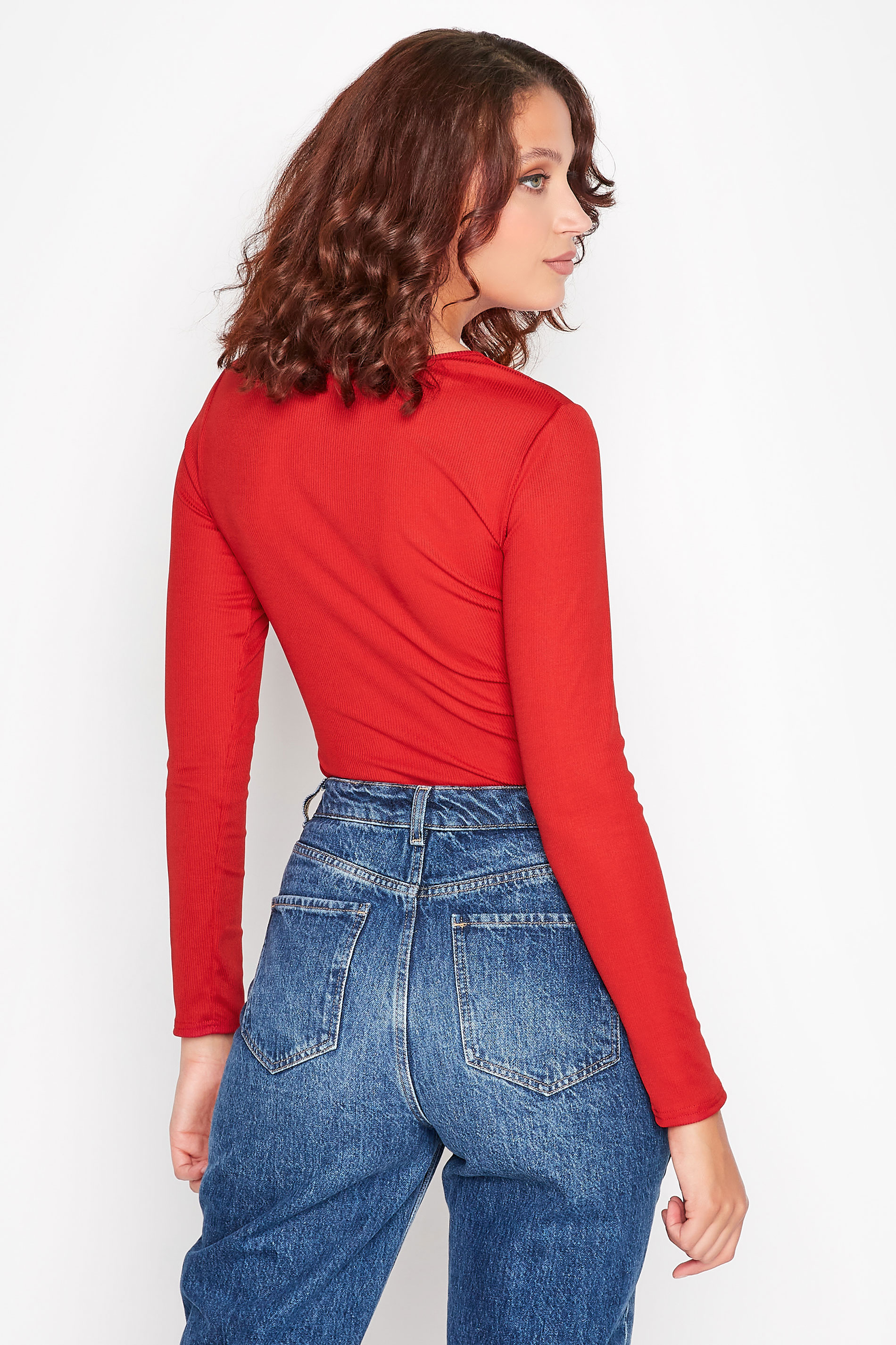 LTS Tall Women's Red Ribbed Long Sleeve Bodysuit | Long Tall Sally 3