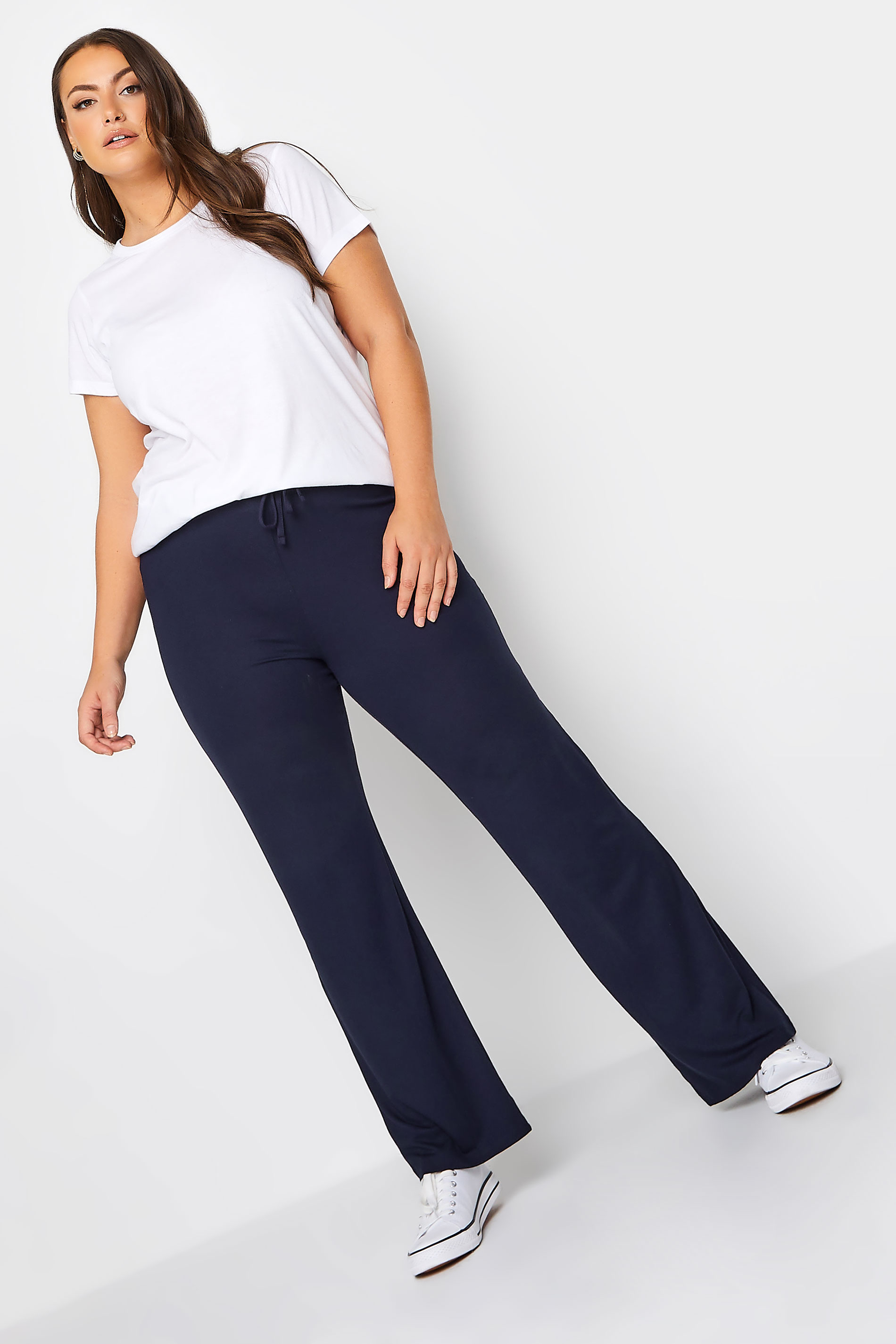 Plus Size Navy Blue Wide Leg Pull On Stretch Jersey Yoga Pants | Yours Clothing 2