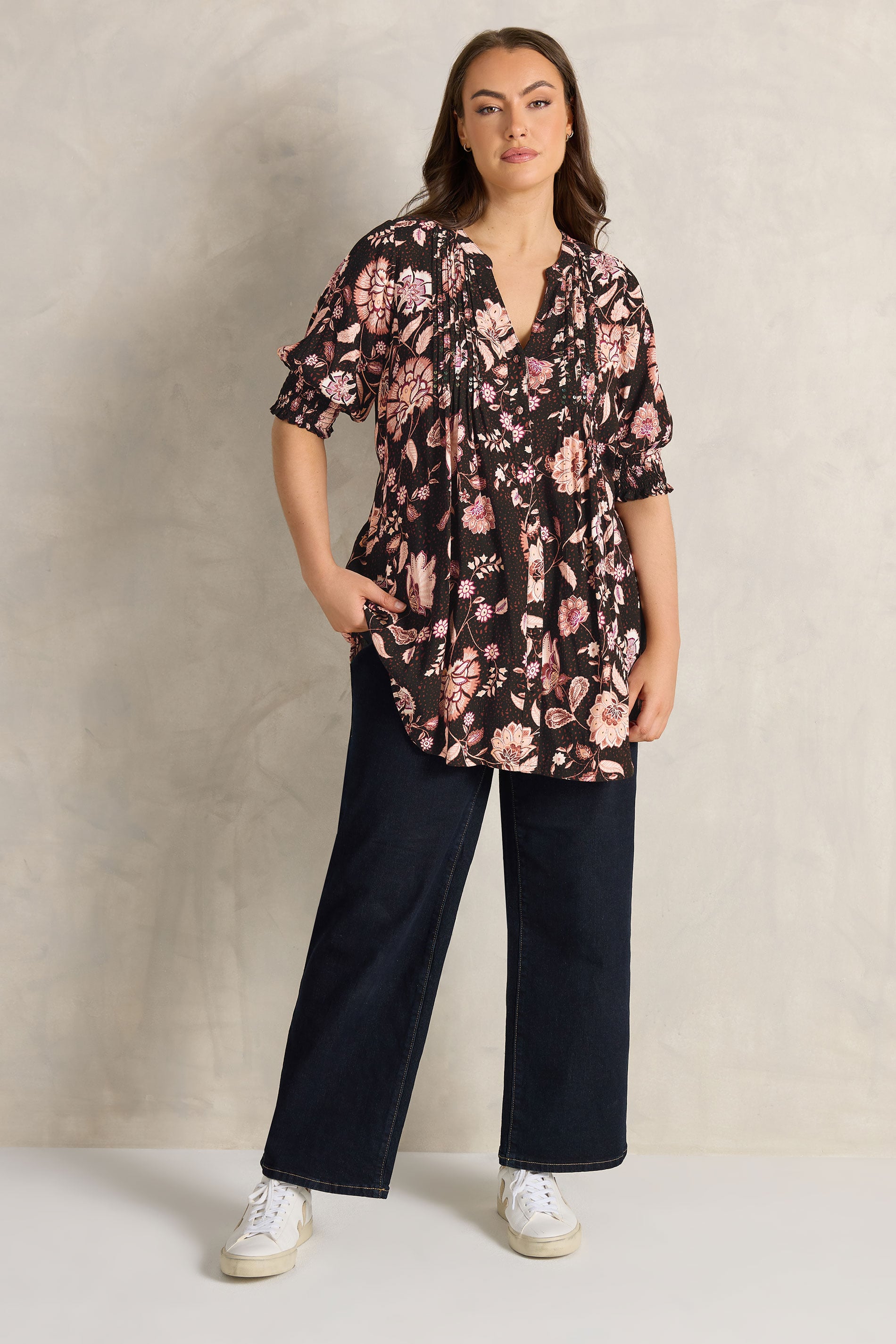 EVANS Plus Size Black Floral Pintuck Tie Neck Blouse | Evans 2