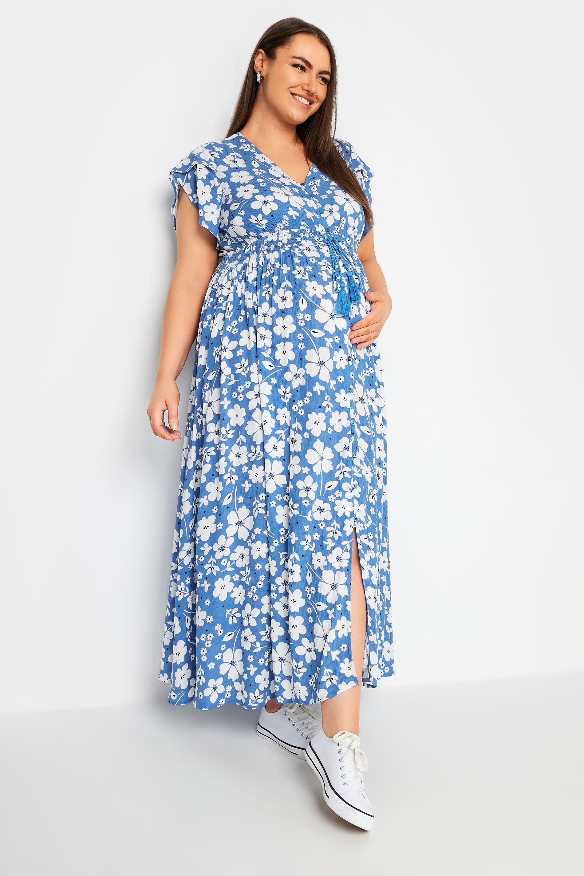 BUMP IT UP MATERNITY Plus Size Blue Floral Print Maxi Dress | Yours Clothing 1
