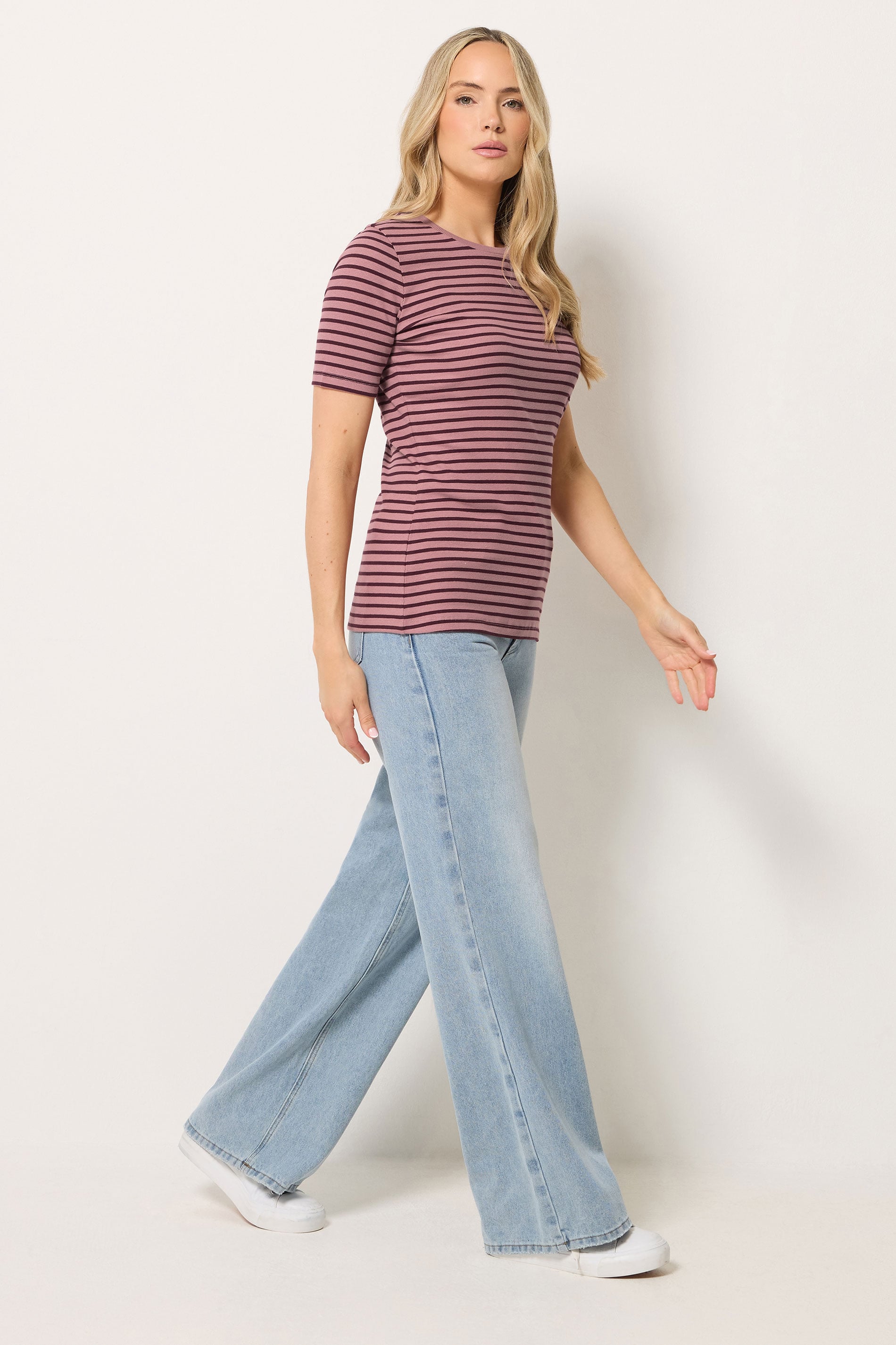 LTS Tall Women's Pink Marl Stripe Cotton Ribbed T-Shirt | Long Tall Sally 1