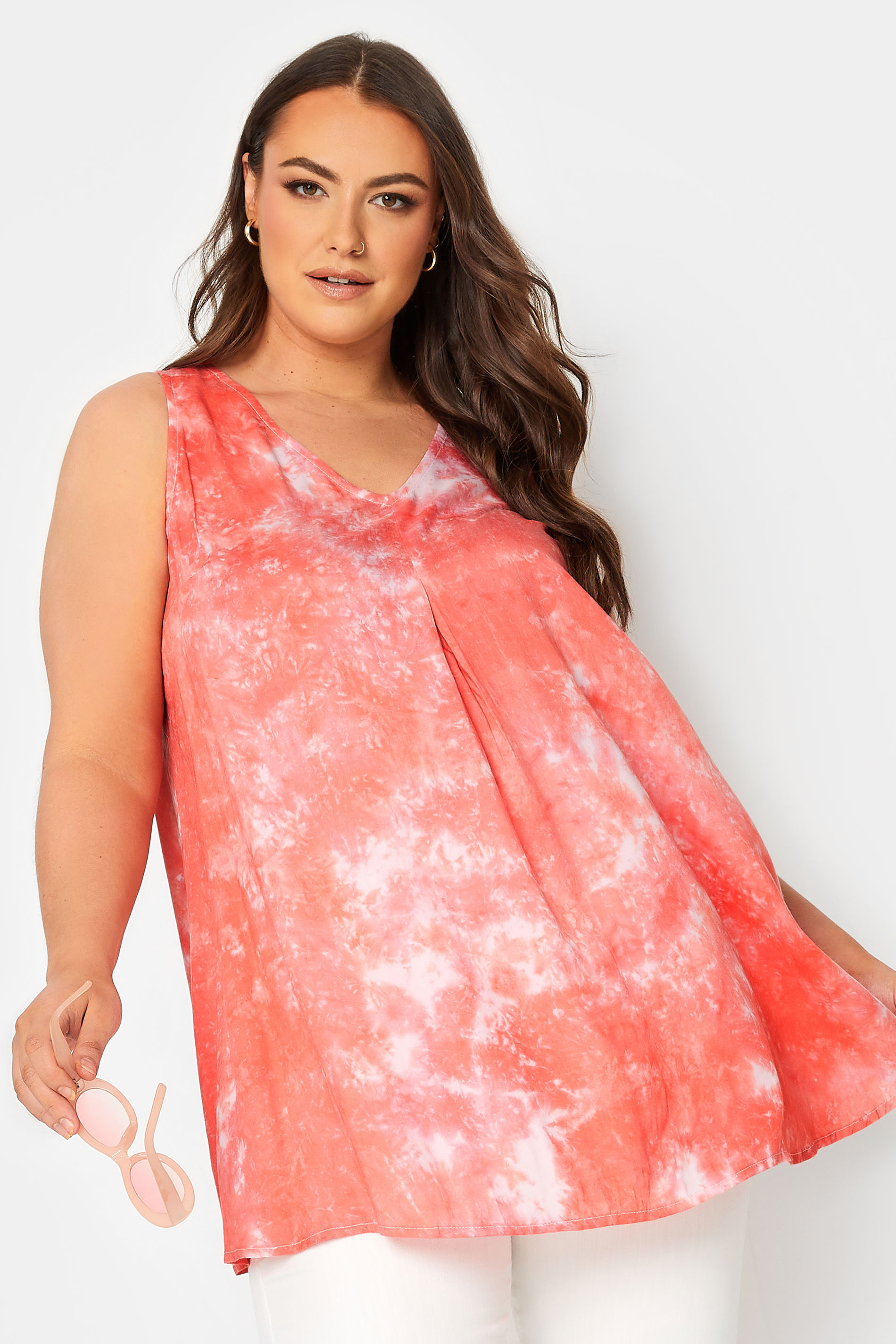 YOURS Curve Coral Orange Tie Dye Print Swing Top | Yours Clothing 1