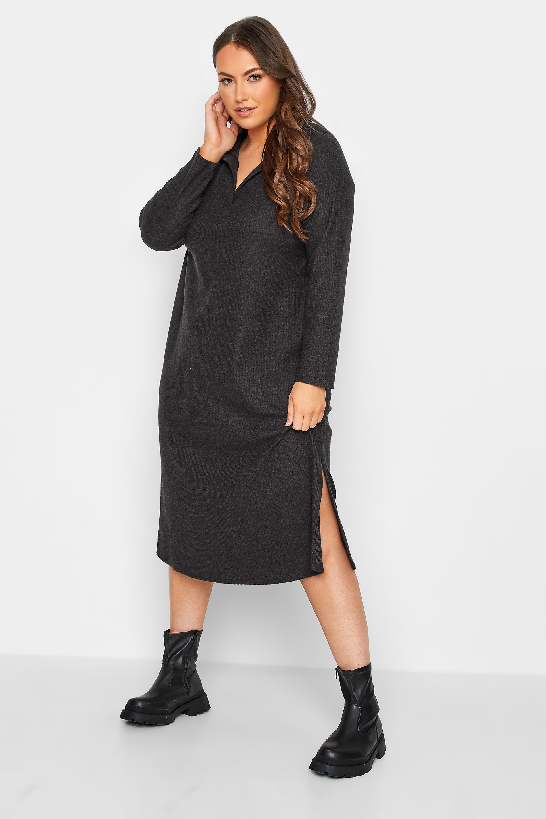 Plus Size Charcoal Grey Soft Touch Open Collar Midi Dress | Yours Clothing  1
